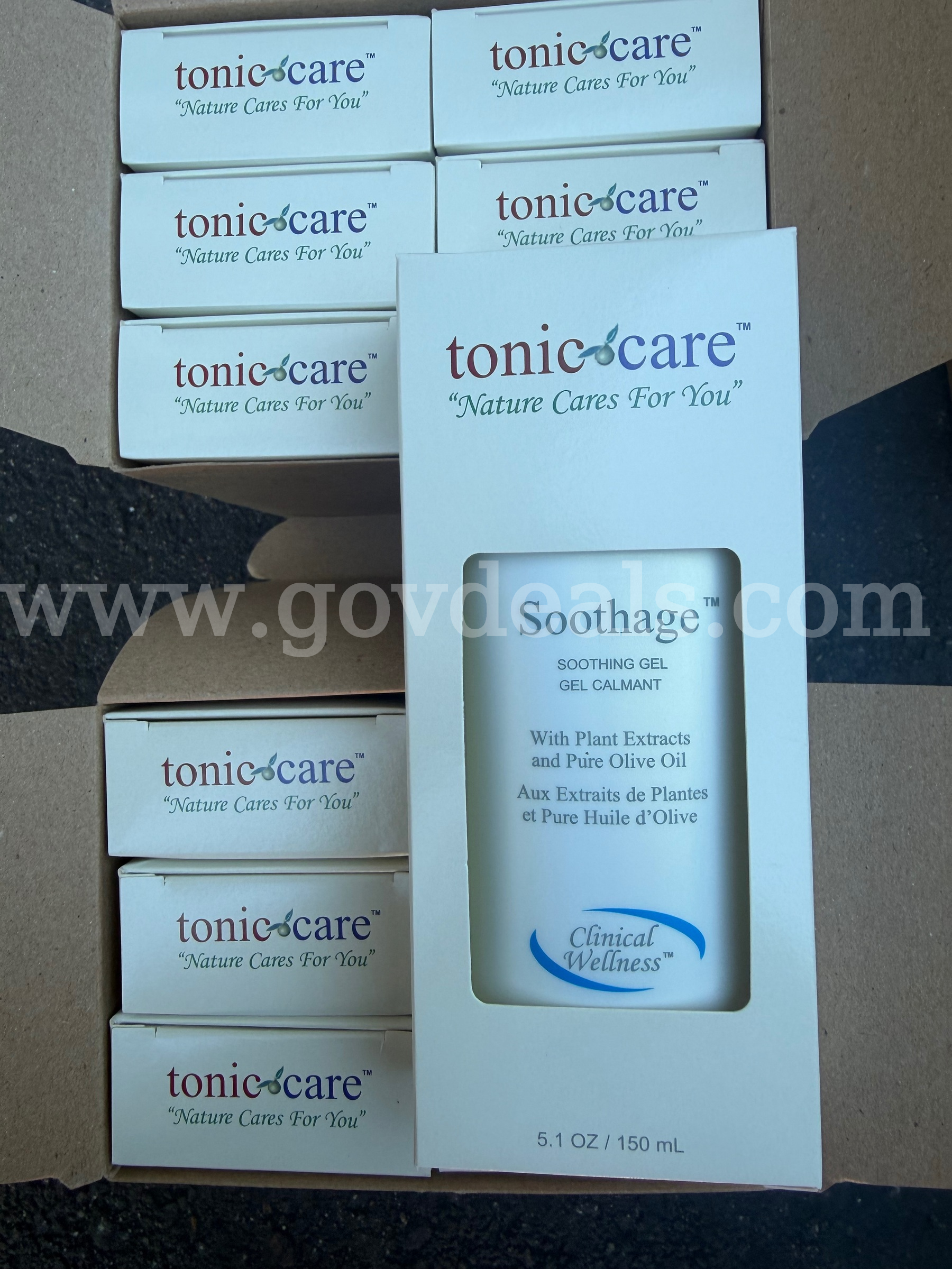 LOT OF 2 BOXES BY 6 Tonic Care SOOTHAGE GEL CALMANT, 5.1oz / 150 ml All Natural NEW IN BOX  150 Government Surplus Auction - Primary Photo