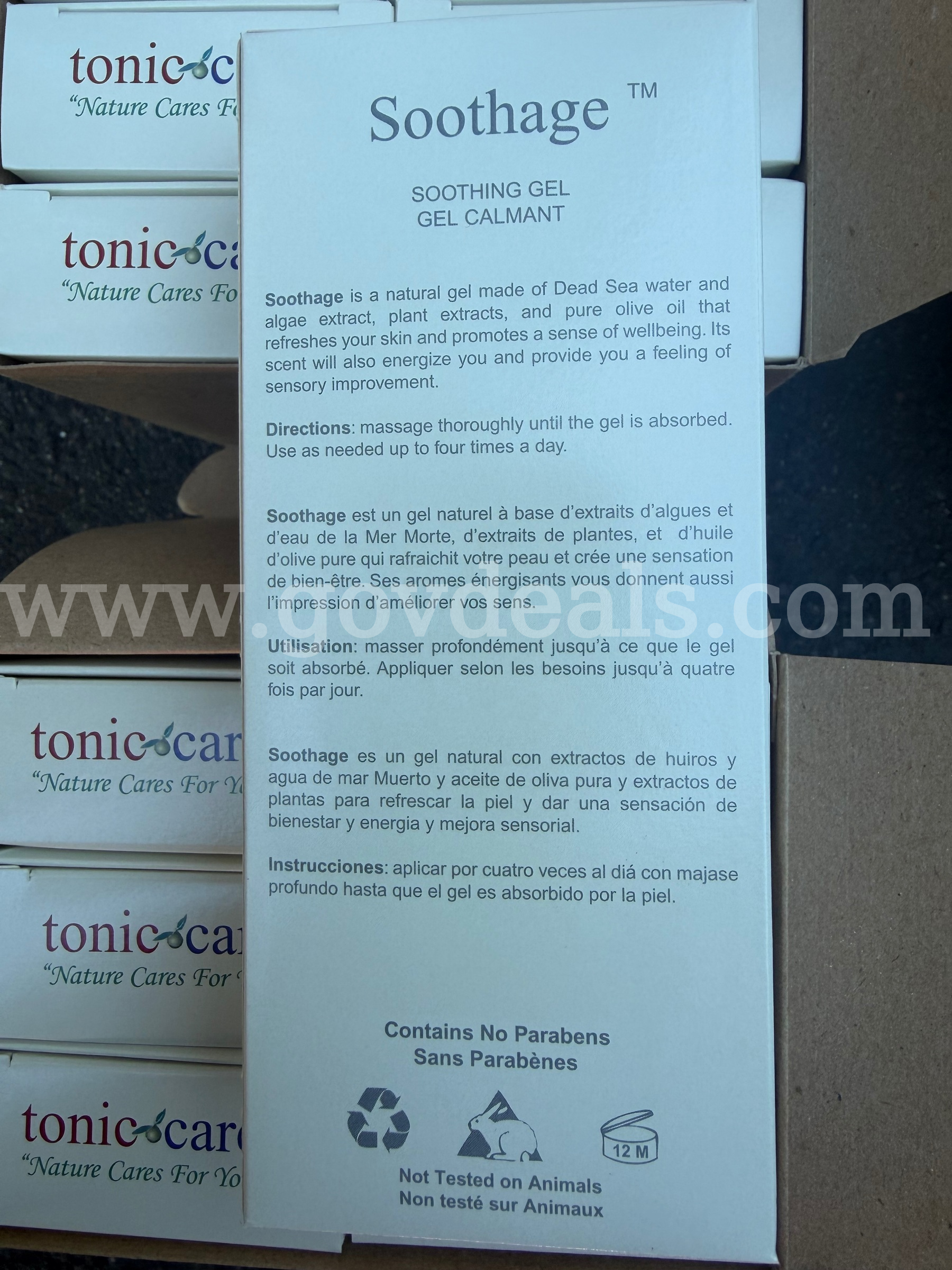 LOT OF 2 BOXES BY 6 Tonic Care SOOTHAGE GEL CALMANT, 5.1oz / 150 ml All Natural NEW IN BOX  150 Government Surplus Auction - Photo #5