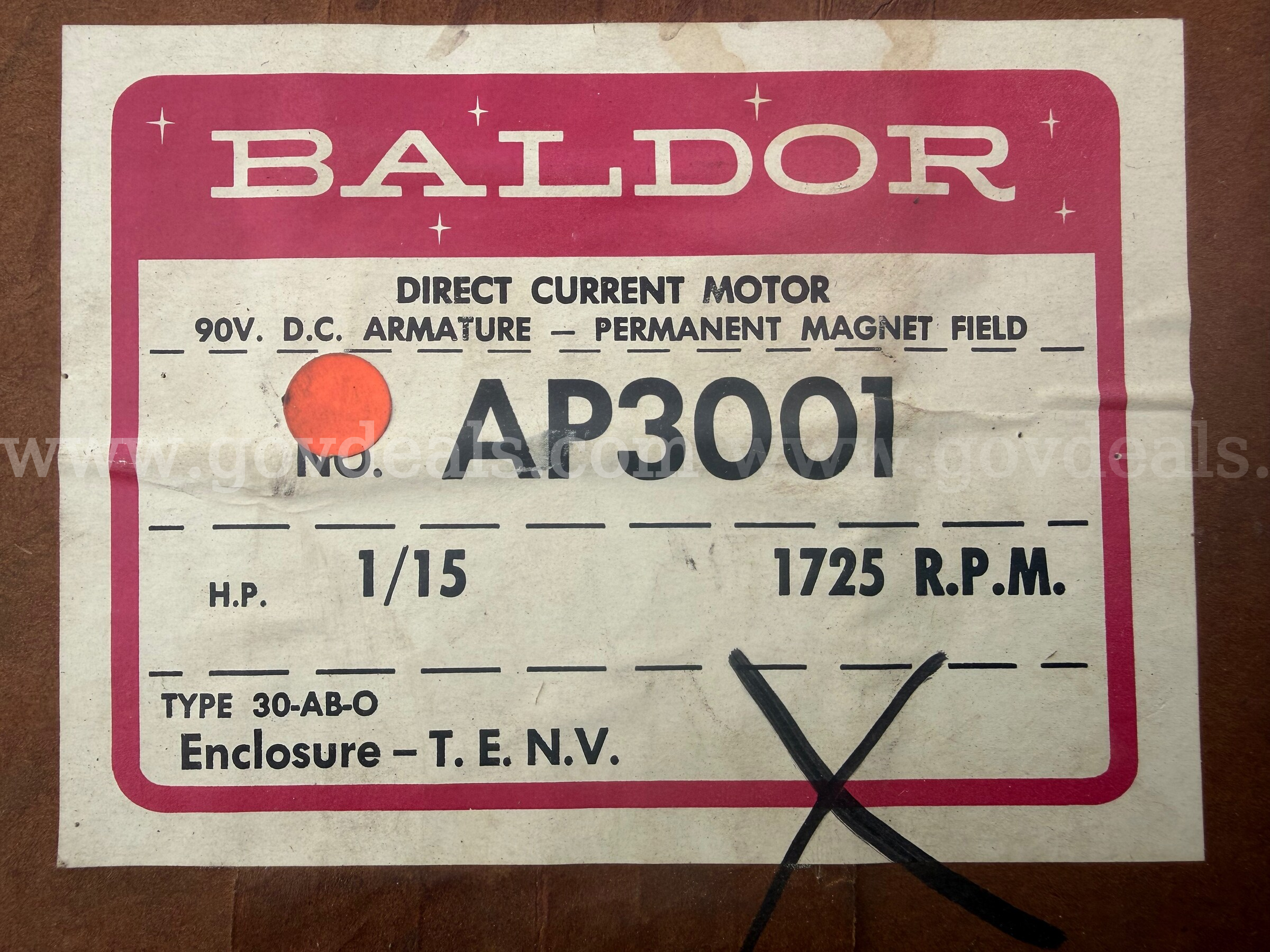 BALDOR DIRECT CURRENT MOTOR 90V MODEL AP3001 H.P. 1/15 1725 R.P.M. NEW IN BOX *WILL SHIP*  AP3001 Government Surplus Auction - Photo #2