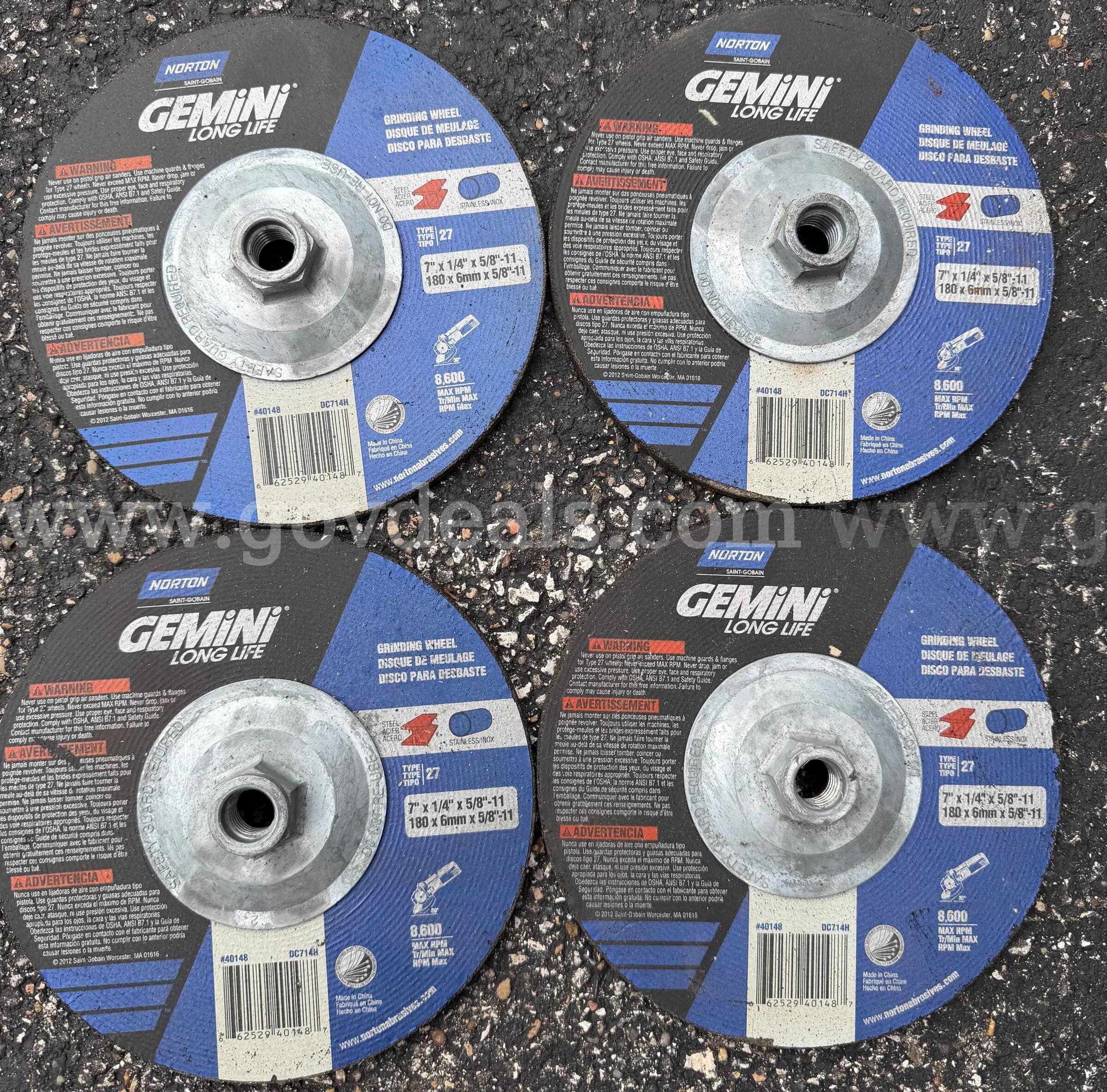 LOT OF 4 NORTON GEMINI Grinding Wheel 7"x1/4"x5/8"-11 TYPE 27 NEWER USED *WILL SHIP*   Government Surplus Auction - Primary Photo