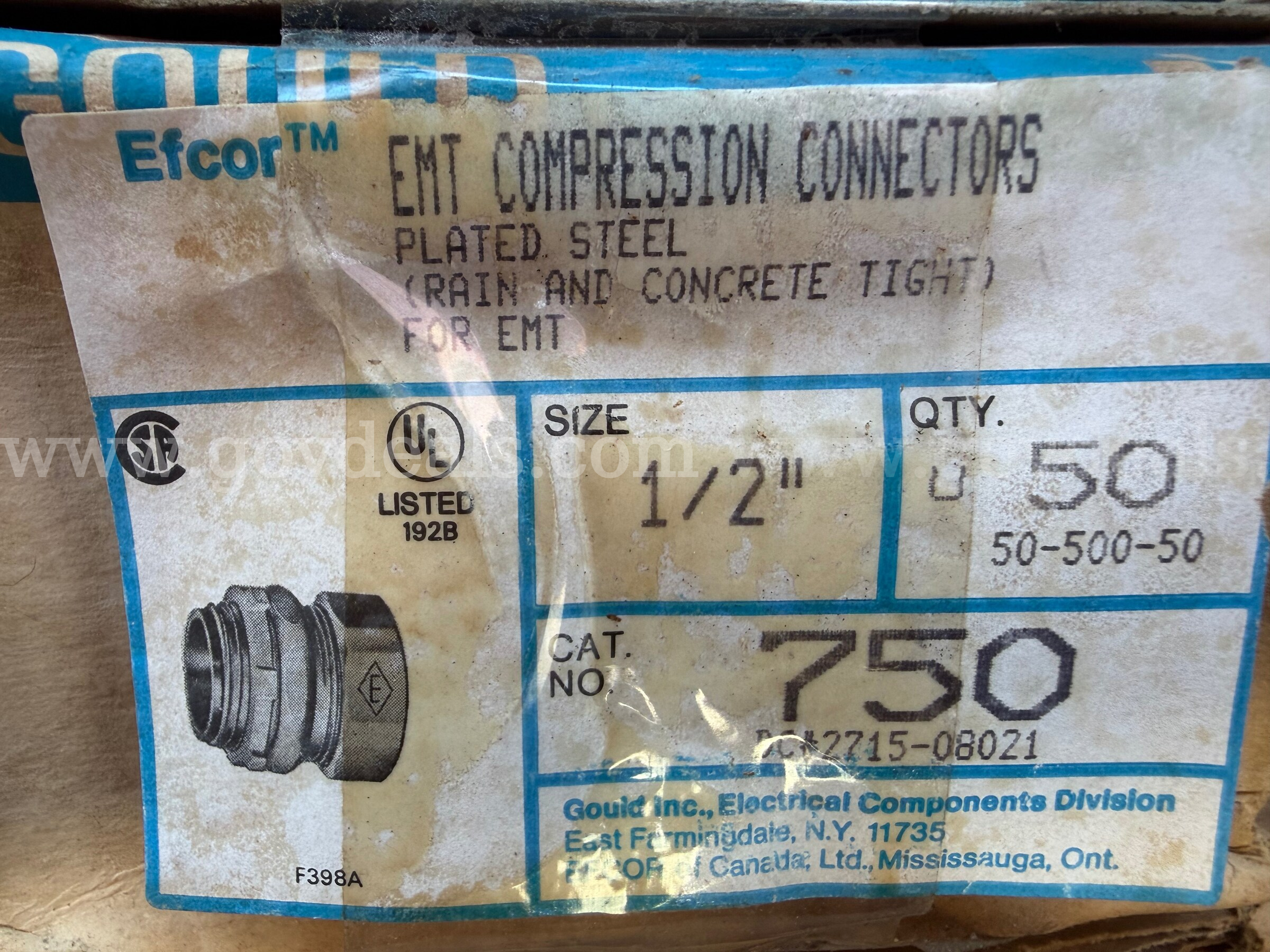 GOULD EFCOR EMT Compression Connectors Plated Steel (RAIN AND CONCRETE TIGHT) FOR EMT 1/2" Cat.No.750 D.C.20700 (50-Pk) Caterpillar 750 Government Surplus Auction - Primary Photo
