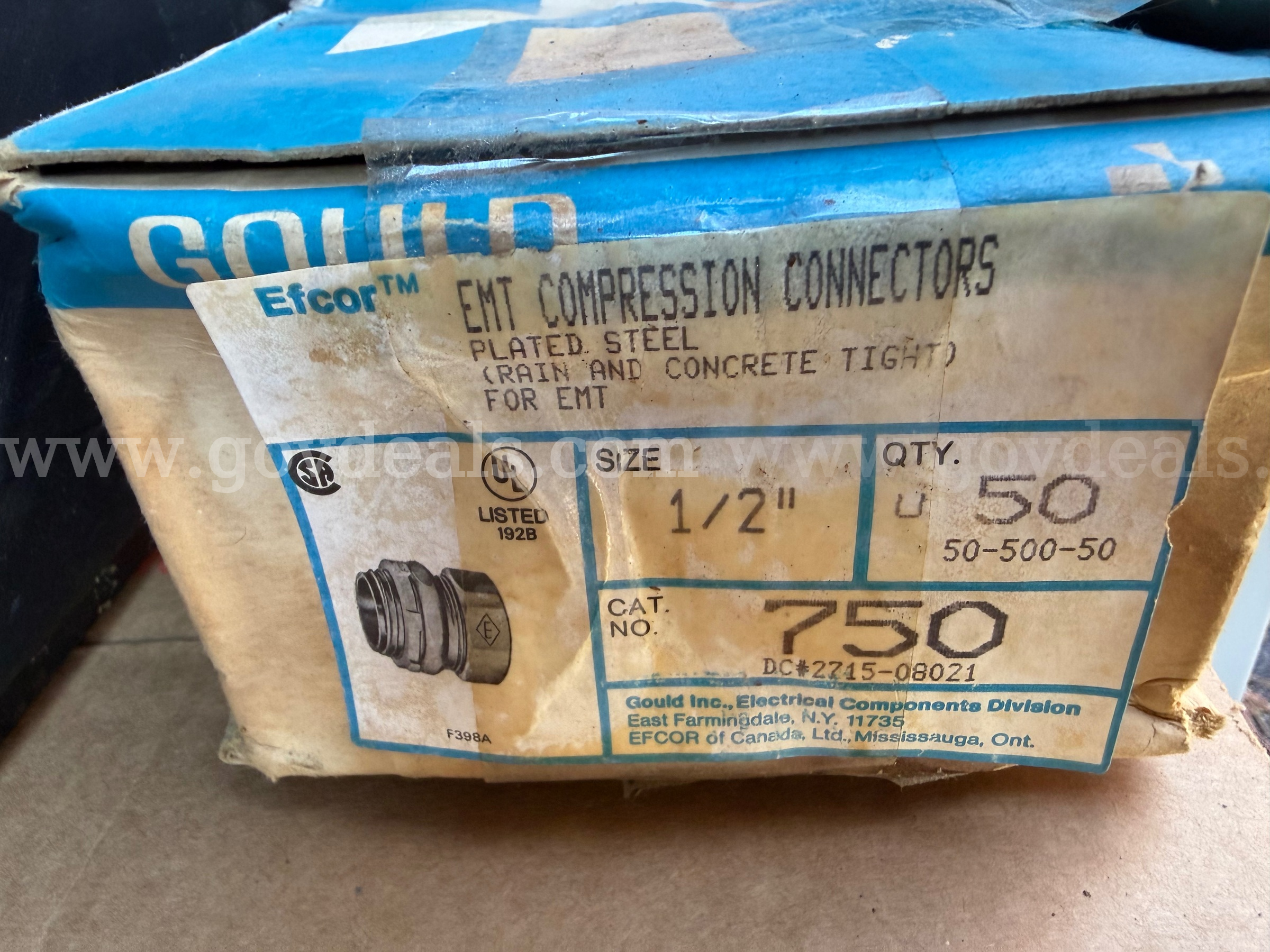 GOULD EFCOR EMT Compression Connectors Plated Steel (RAIN AND CONCRETE TIGHT) FOR EMT 1/2" Cat.No.750 D.C.20700 (50-Pk) Caterpillar 750 Government Surplus Auction - Photo #2