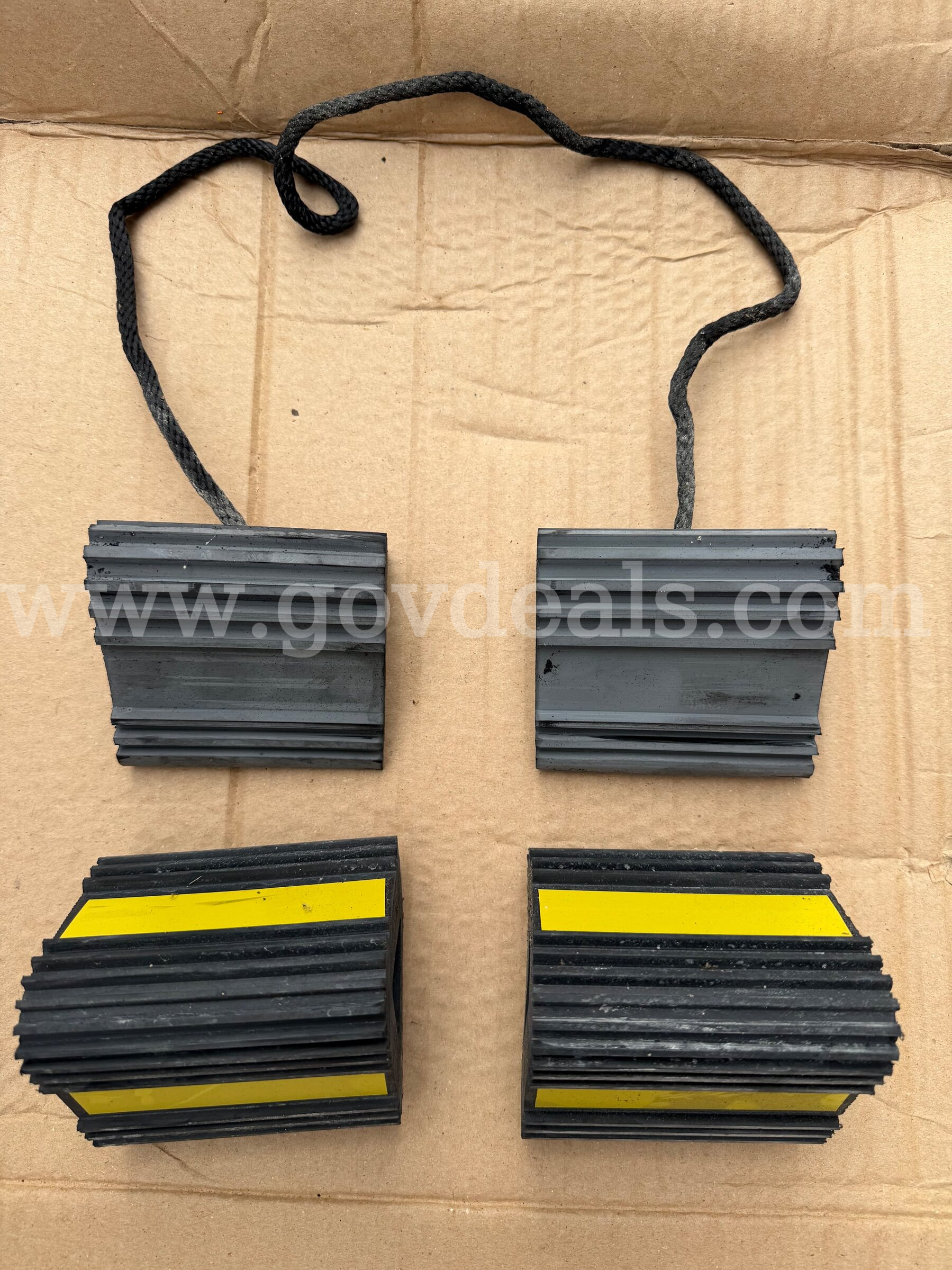LOT OF 4 Heavy Duty Wheel Chocks,Rubber Wheel Block Non-Slip Base Yellow Reflective Tape *WILL SHIP*   Government Surplus Auction - Photo #3