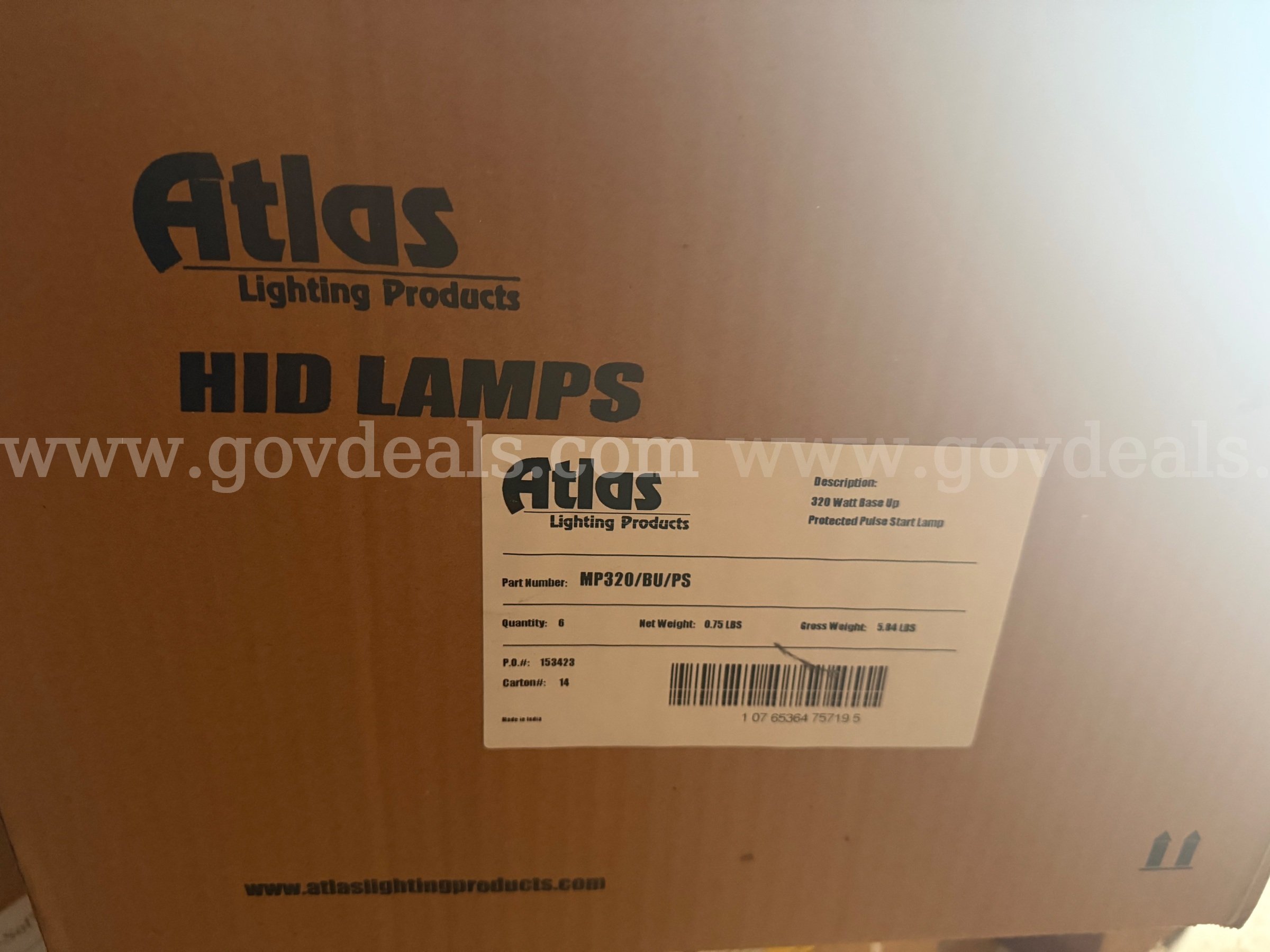 CASE OF 6 COMMERCIAL "ATLAS" HID LAMPS LIGHTNING PRODUCTS 320W PULSE START LAMP MP320/BU/PS  *WILL SHIP* Case 320W Government Surplus Auction - Photo #2