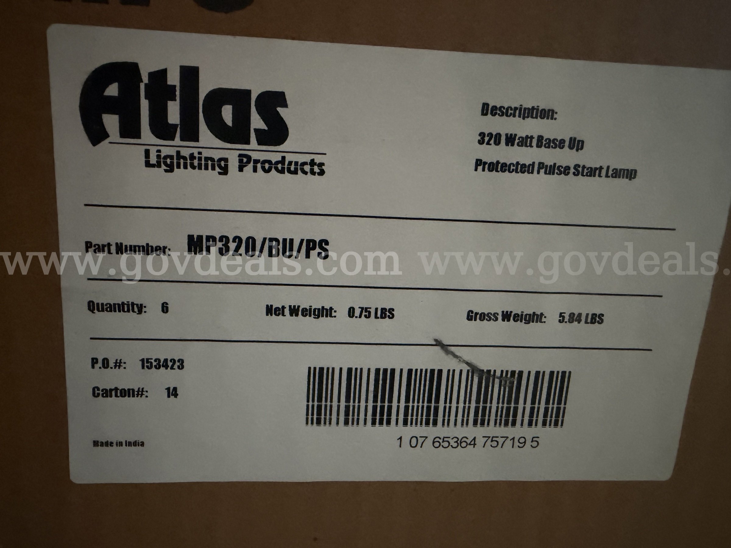 CASE OF 6 COMMERCIAL "ATLAS" HID LAMPS LIGHTNING PRODUCTS 320W PULSE START LAMP MP320/BU/PS  *WILL SHIP* Case 320W Government Surplus Auction - Photo #3