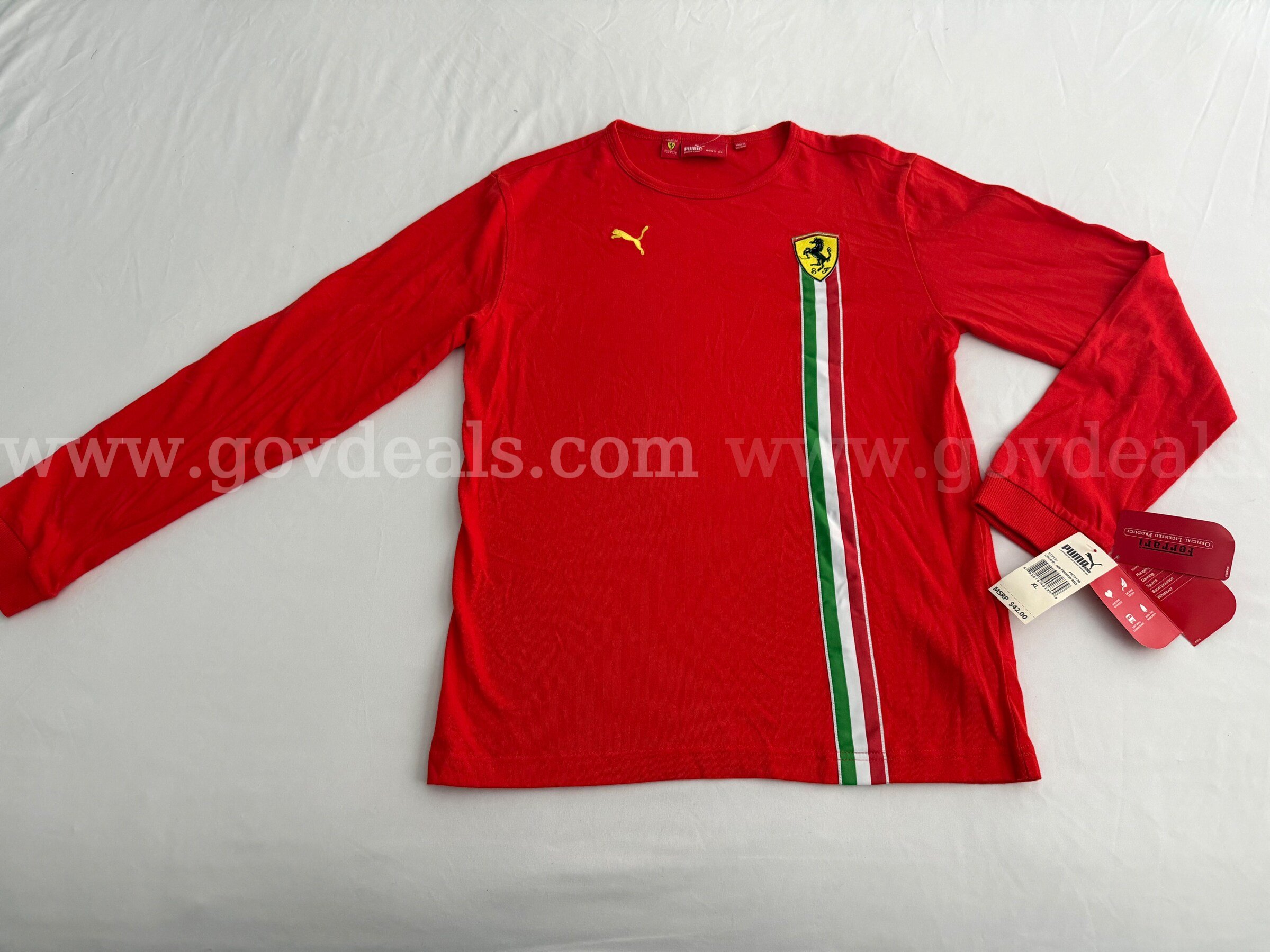 VINTAGE PUMA FERRARI LONG SLEEVE RED TEE 100% COTTON BOYS SIZE EXTRA LARGE NWT $42 *WILL SHIP*  100 Government Surplus Auction - Primary Photo