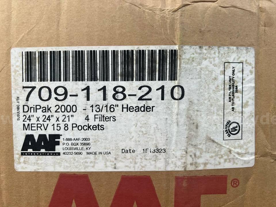 AAF 4 FILTERS DRIPACK 2000 13/16" HEADER 24X24X21 MERV15 8 POCKETS NEW IN BOX   Government Surplus Auction - Photo #2