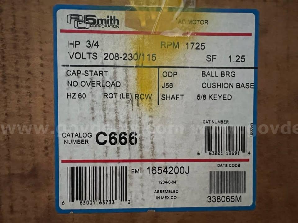 AO Smith 1/3hp Volts 115/208-230 RPM 1725 AC Motor 5/8” Keyed Shaft Cap Start NEW IN BOX  115 Government Surplus Auction - Photo #2