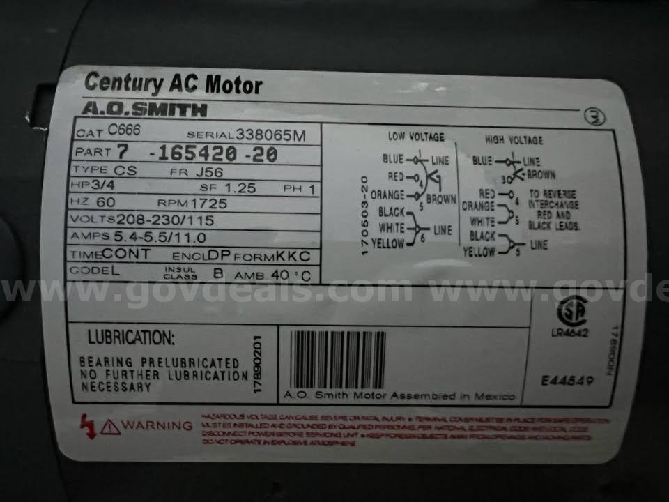 AO Smith 1/3hp Volts 115/208-230 RPM 1725 AC Motor 5/8” Keyed Shaft Cap Start NEW IN BOX  115 Government Surplus Auction - Photo #6