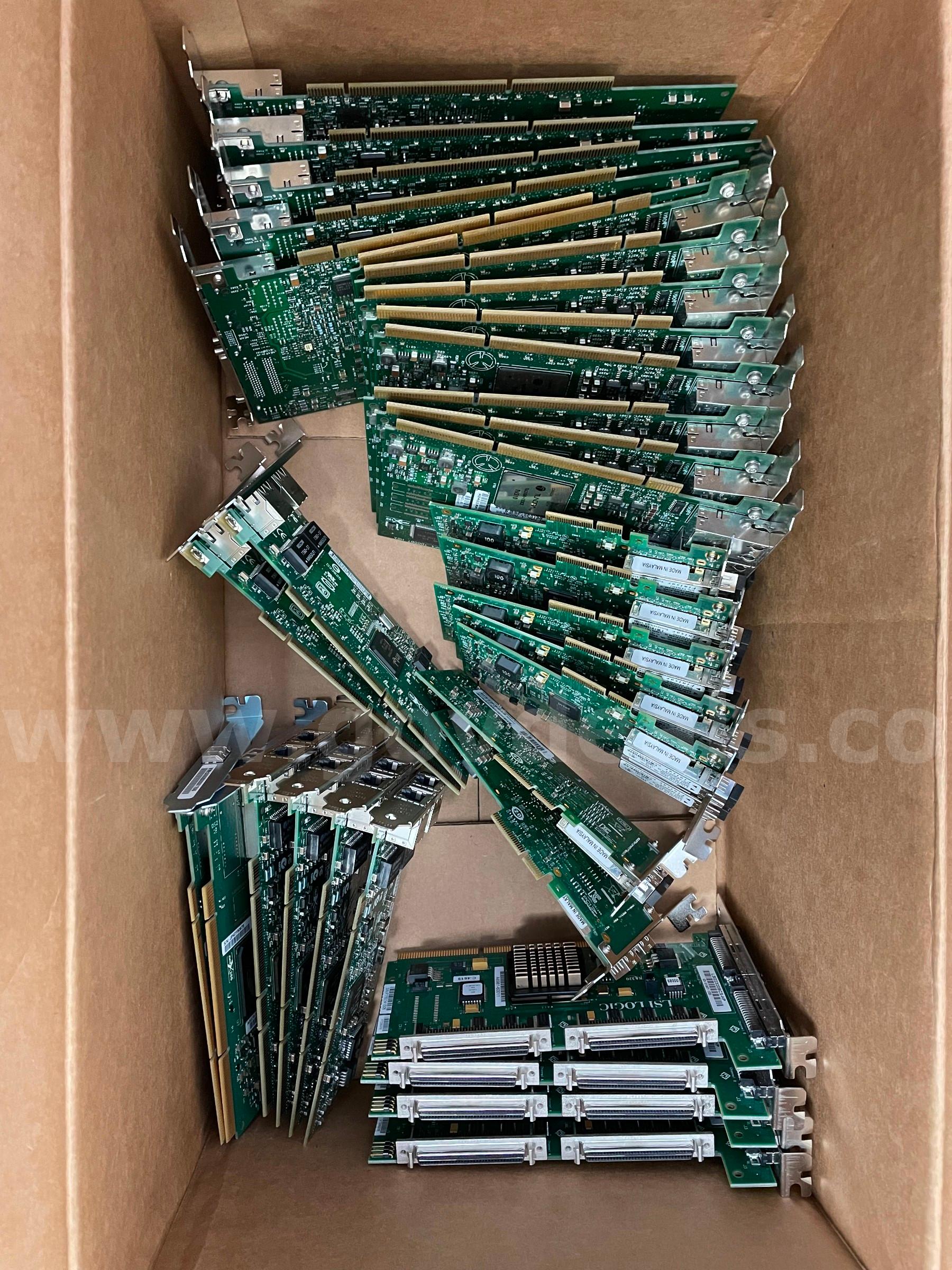 Lot of 32 PCI-X Server HBA Cards – HP AB290AX / AB465AX / Intel I350-F2 / LSI22320BCS – U320 / FC / Gigabit