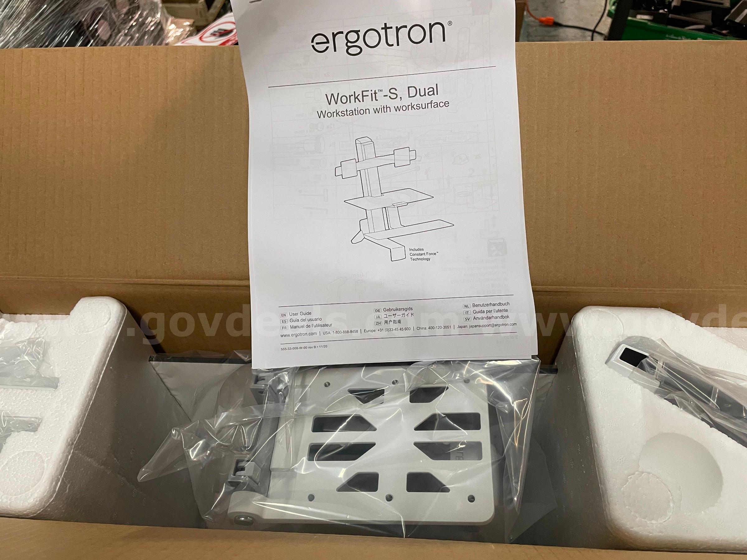 Lot of 2 Ergotron WorkFit-S Dual Monitor Sit-Stand Workstations   Government Surplus Auction - Primary Photo