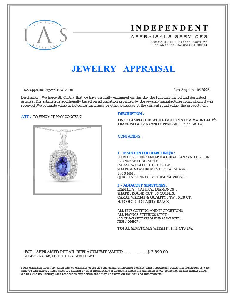 14K White Gold Ladies Designer Natural Tanzanite & Natural Diamond Pendant Appraised at $3890.00  3890 Government Surplus Auction - Photo #2
