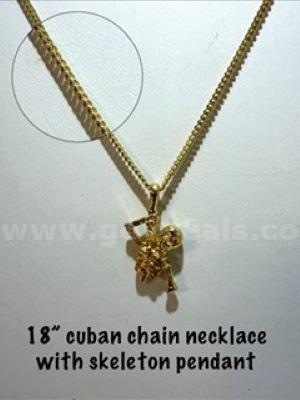 Unique, 18 Inch, 24kt Gold Filled, Cuban Link Chain W/Skeleton Pendant