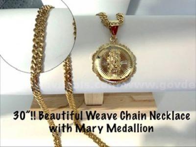 Gorgeous, 30 Inch, 24kt Gold Filled Weave Chain W/Mother of Mary Medallion Pendant