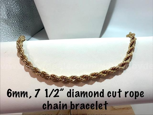 Stunning, 24kt Gold Filled, 7 1/2 Inch, 6MM Diamond Cut Rope Bracelet