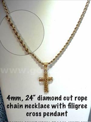 Magnificient, 4MM, 24 Inch, Diamond Cut, 24kt Gold Filled, Rope Chain W/Filigree Cross Pendant