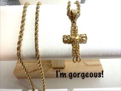 Magnificient, 4MM, 24 Inch, Diamond Cut, 24kt Gold Filled, Rope Chain W/Filigree Cross Pendant   Government Surplus Auction - Photo #2