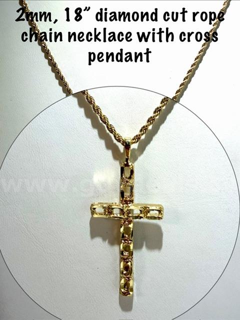 Gorgeous, 2MM, 18 Inch, 24kt Gold Filled, Rope Chain W/Cross Pendant