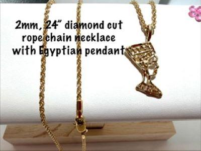Exquisite, 1MM, 24”, 24kt Gold Filled, Diamond Cut Rope Necklace W/Egyptian Pendant