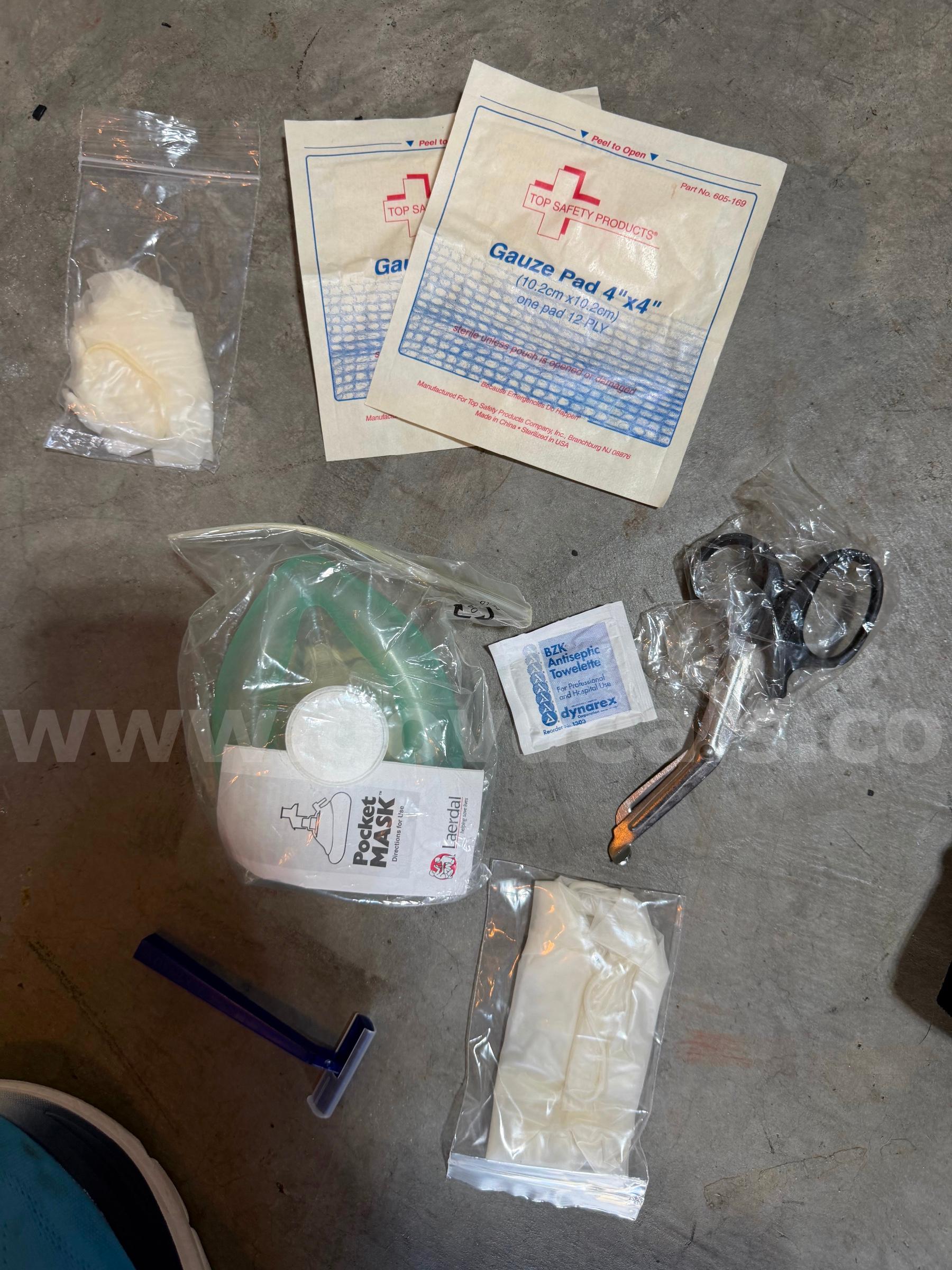 9x AED CPR ready kits Face mask, gauze, trauma shears, full kits, shipping only   Government Surplus Auction - Photo #2