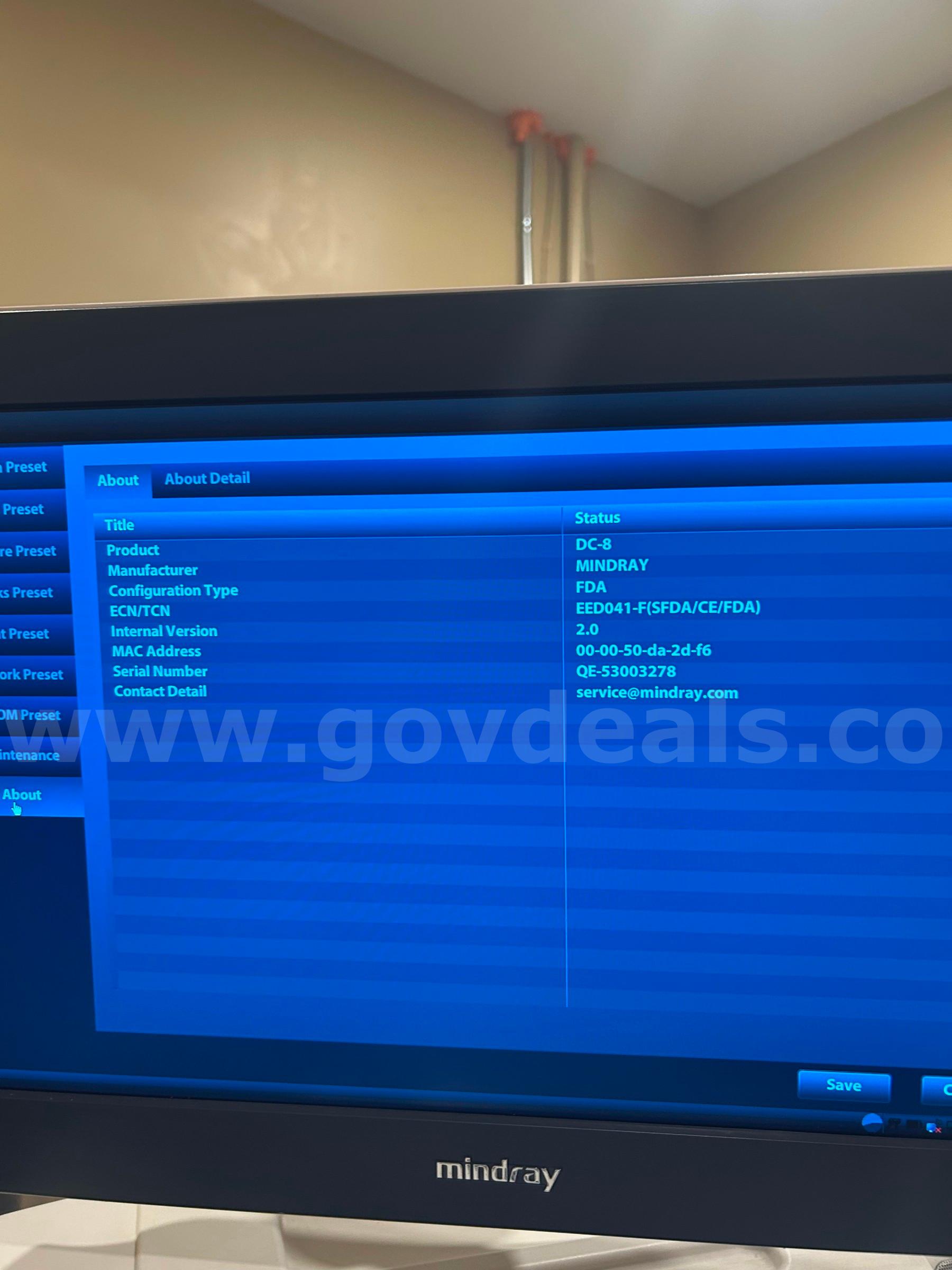 MINDRAY DC-8 Ultrasound SN: QE-53003278 MINDRAY DC-8 Government Surplus Auction - Photo #5