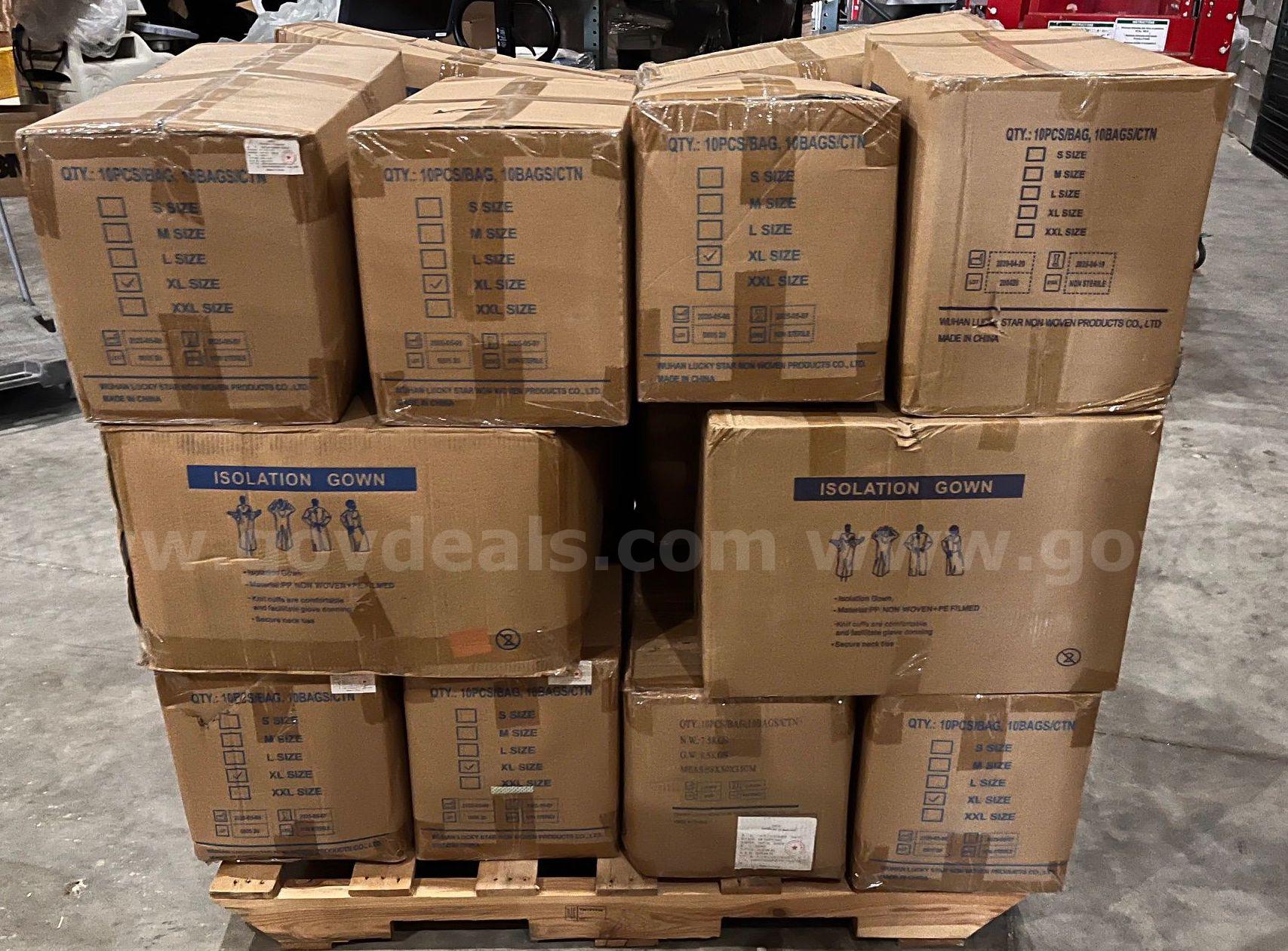 5 Pallets of Disposable Gowns Knit Cuffs and Secure Neck ties 18 per pallet Size XL   Government Surplus Auction - Primary Photo