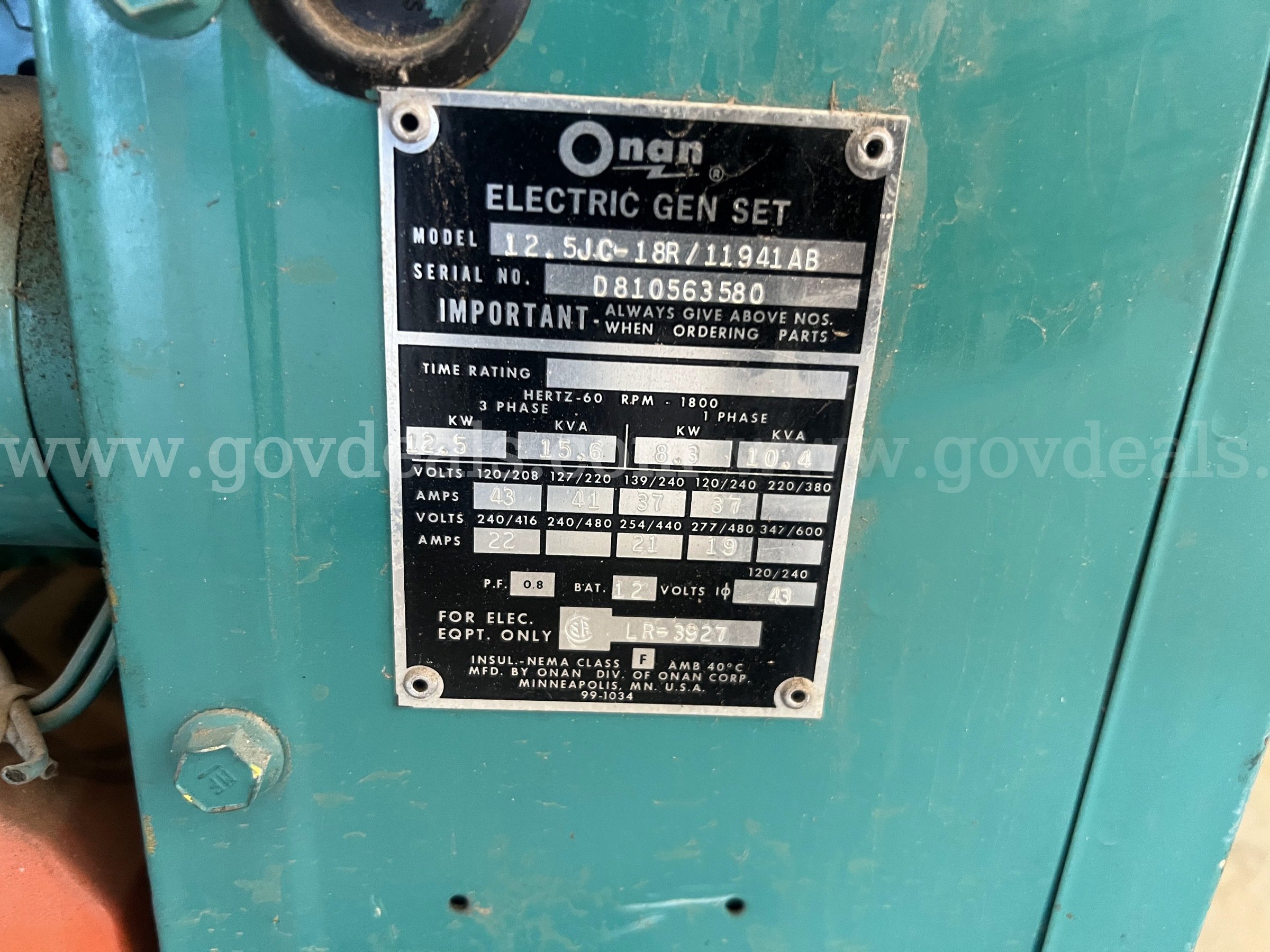 Onan 12.5 kW Propane Generator Onan Electric Gen Set 12.5JC-18R/11941AB Government Surplus Auction - Photo #2