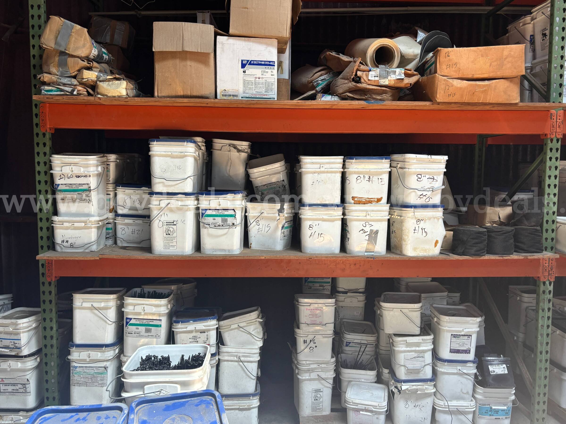 Approx 60 buckets of 8" roofing fasteners open and unopen boxes (unused)   Government Surplus Auction - Photo #2