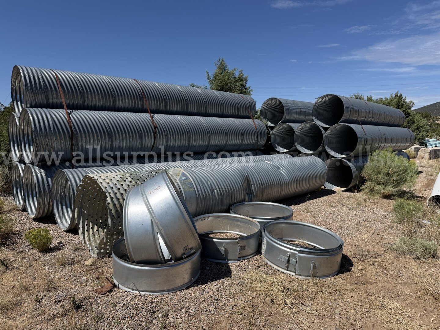 Corrugated Galvanized Drainage Pipe and Ring Clamps, 36in Dia x 20ft Jts Qty 17Jts, Ring Clamps, Qty 9.   Government Surplus Auction - Primary Photo
