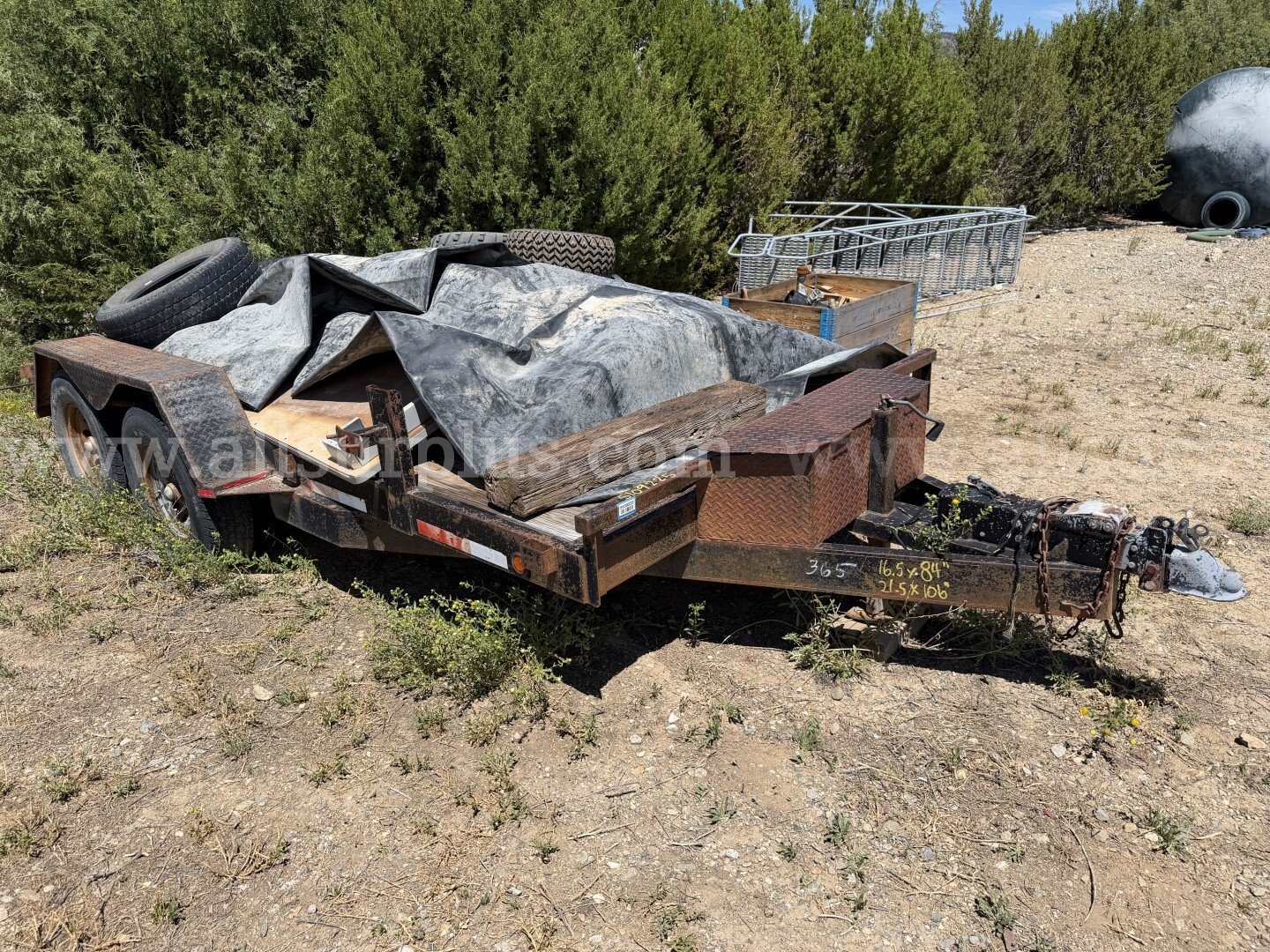 Tandem Axle Trailer, 16ft, Dovetail, With Contents, Qty 1, Tractor Trailer Wheels and Tires, Qty4, 1 LOT   Government Surplus Auction - Primary Photo