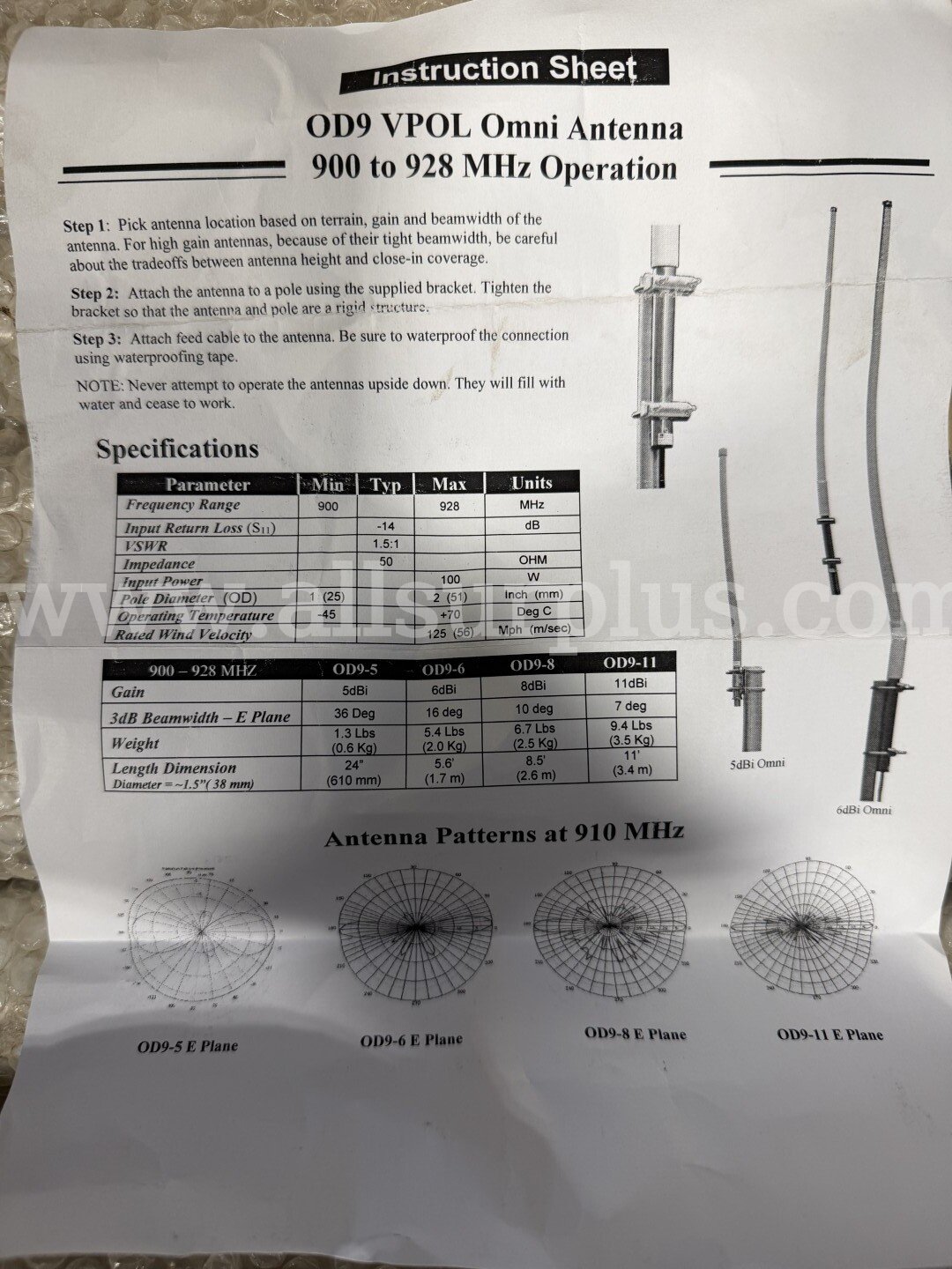 Antenna, OD9 VPOL Omni Antenna 900 to 928 MHz, Qty 9Pcs Omni 900 Government Surplus Auction - Photo #2