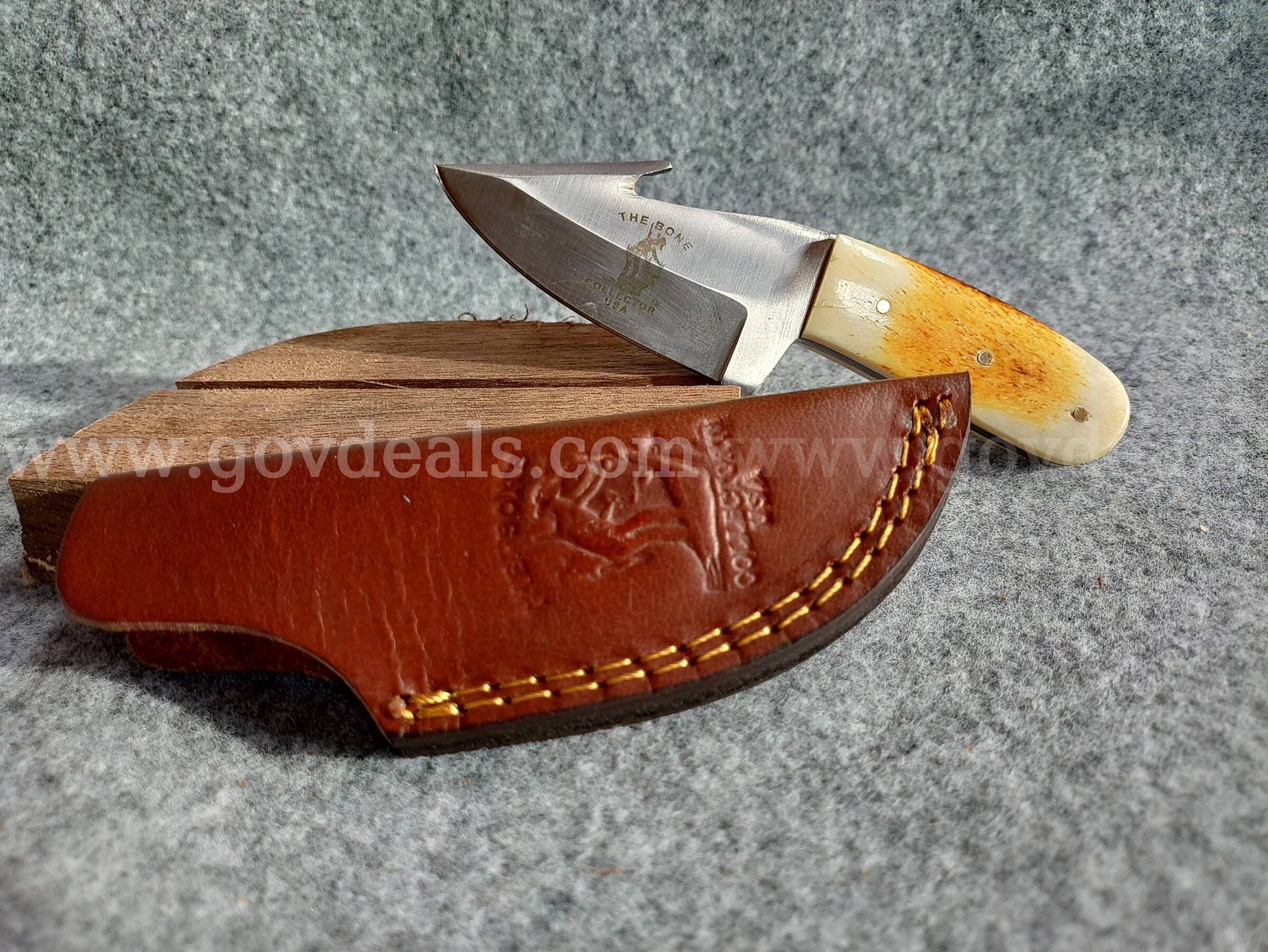 Bone Handle Skinner w/Gut Hook and Sheath The Bone Collector USA  Government Surplus Auction - Photo #2