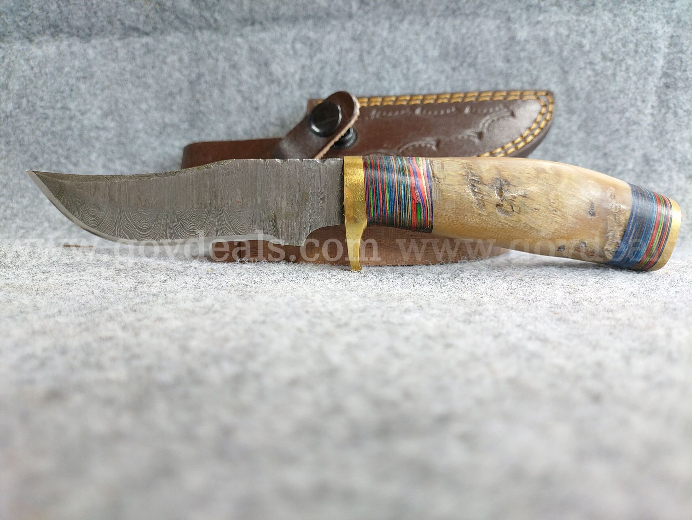 Stag Handle Damascus Straight Blade w/Sheath   Government Surplus Auction - Primary Photo