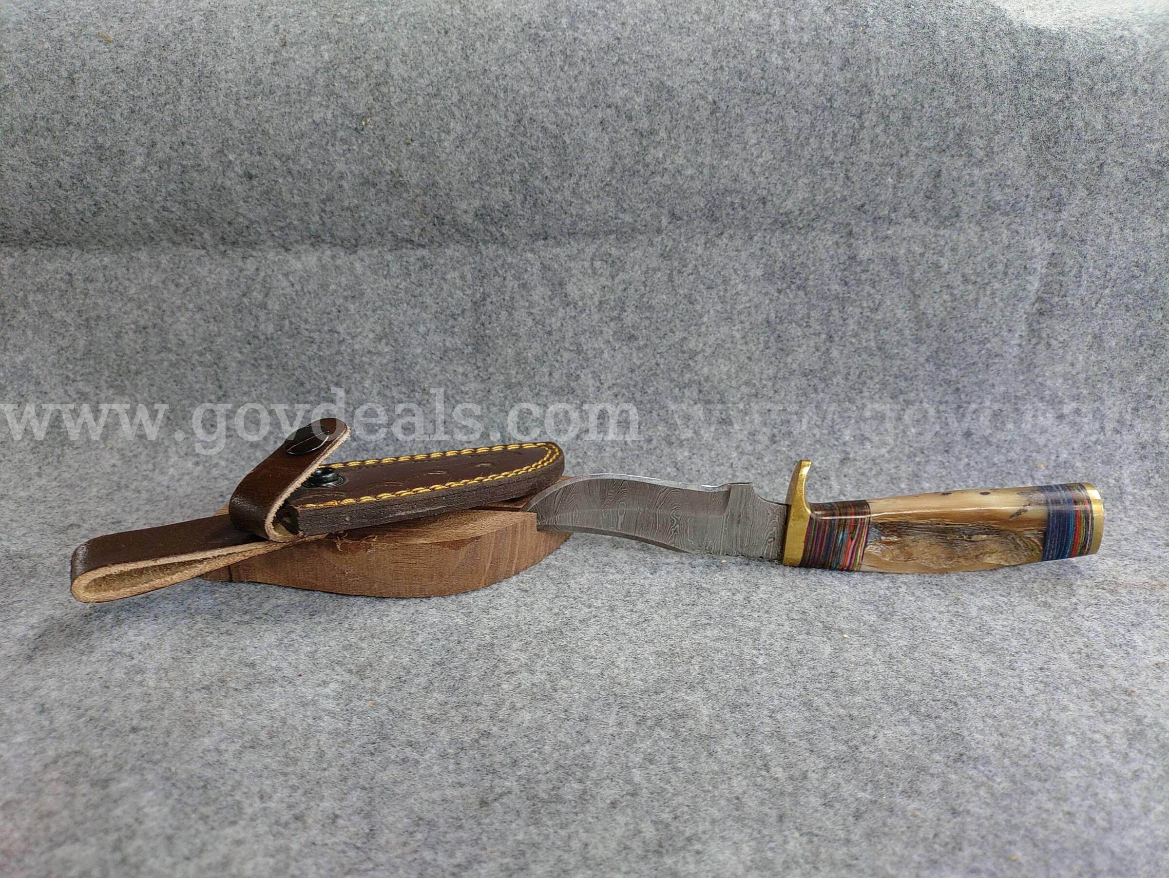 Stag Handle Damascus Straight Blade w/Sheath   Government Surplus Auction - Photo #2