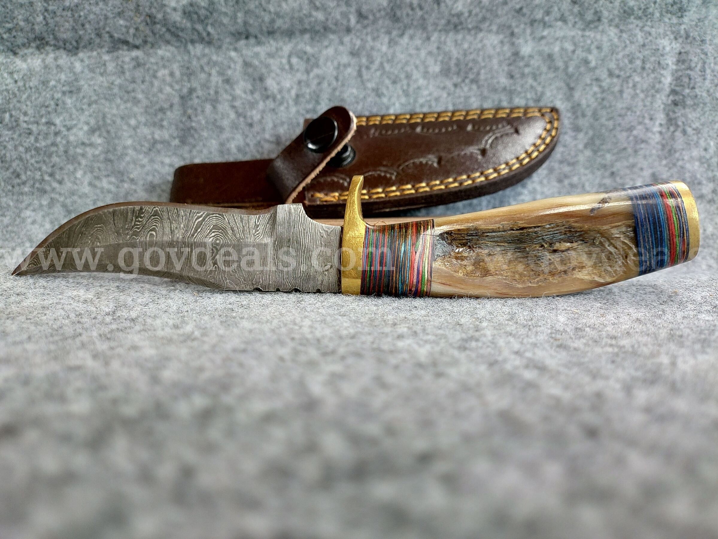 Stag Handle Damascus Straight Blade w/Sheath   Government Surplus Auction - Photo #5