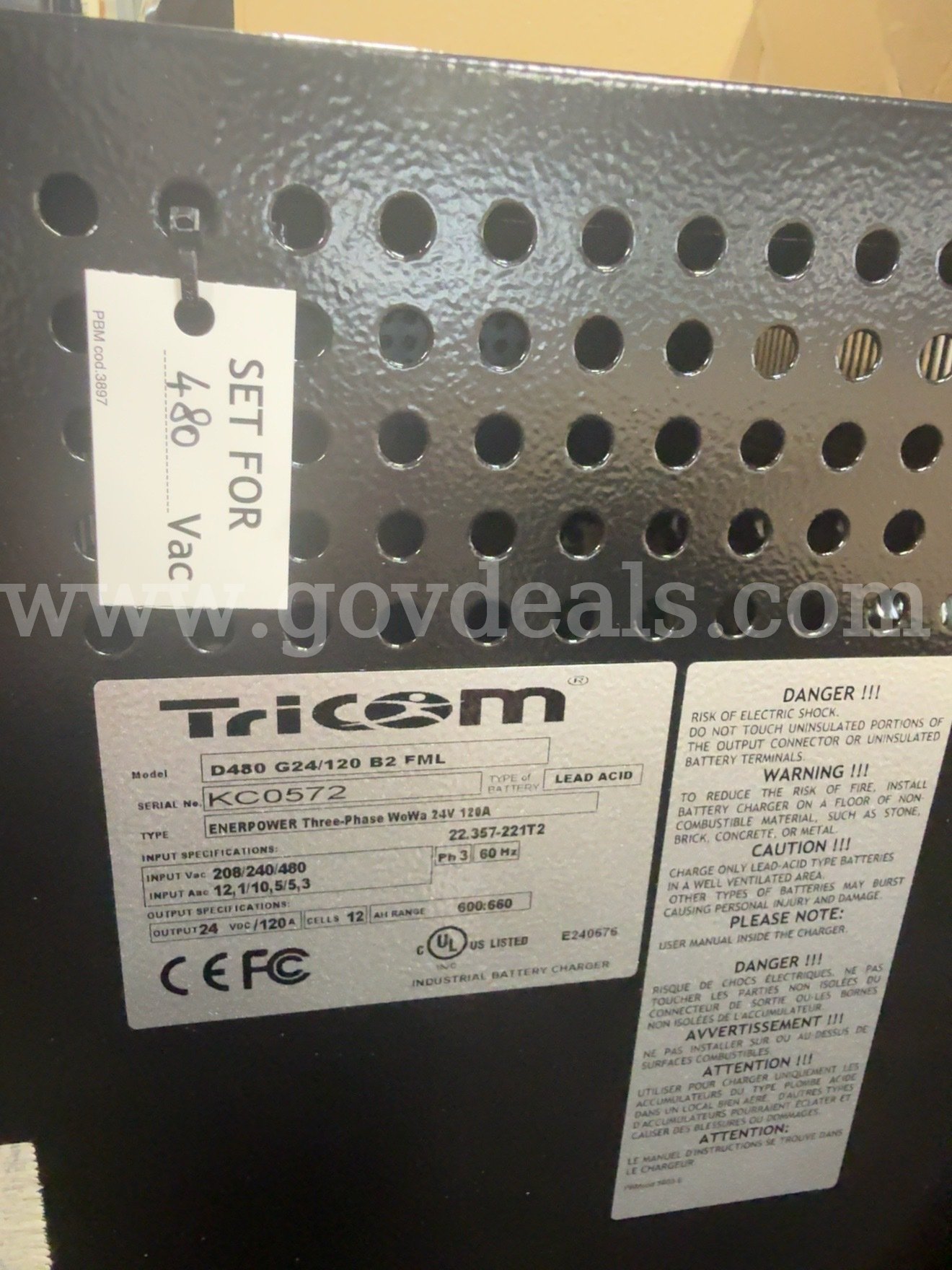 NEW TriCOM ENERPOWER WoWa 24V 120A Industrial Forklift Battery Charger 480V 3-Phase  Charger Government Surplus Auction - Photo #5