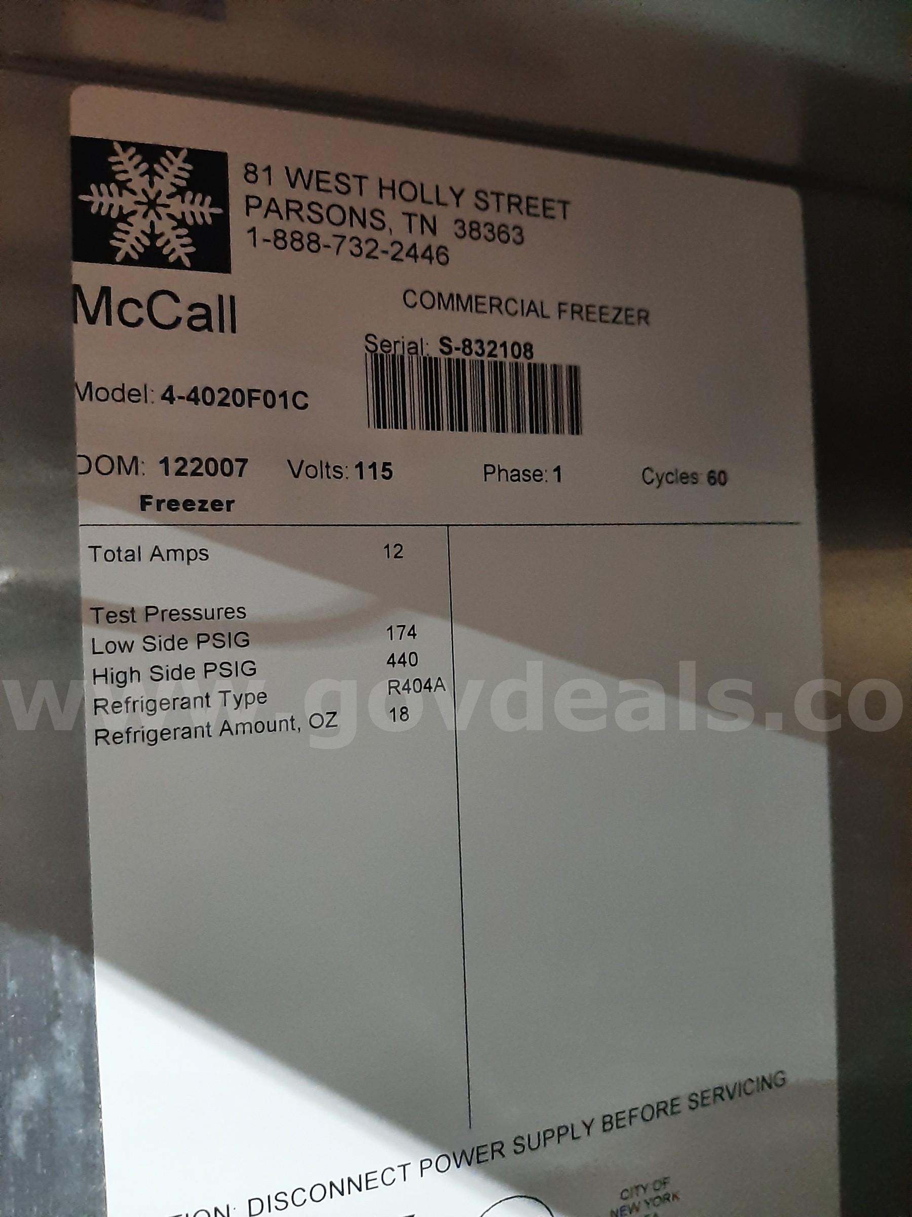 MCCALL COMMERCIAL FREEZER MCCALL 4-4020F01C Government Surplus Auction - Photo #6