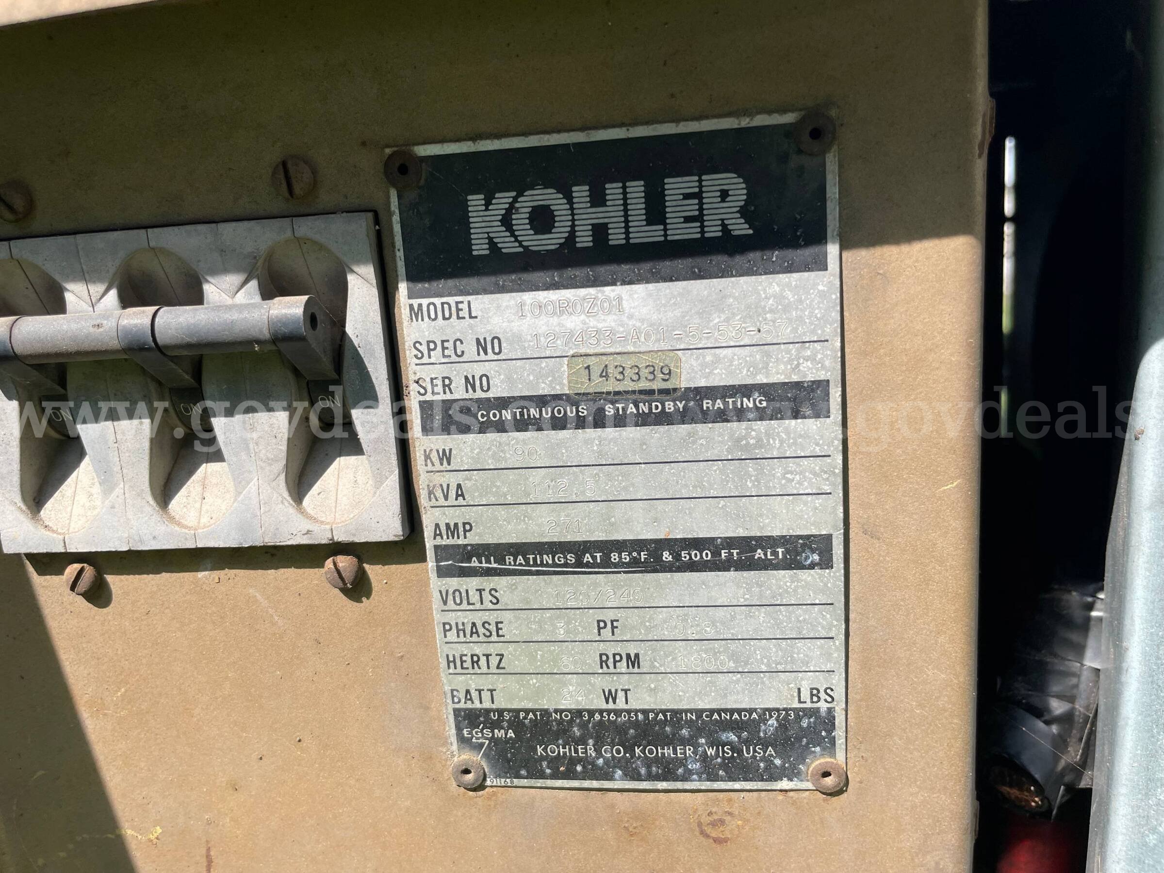 Kohler 90KW 3-Phase Generator Kohler 100R0Z01 Government Surplus Auction - Photo #4