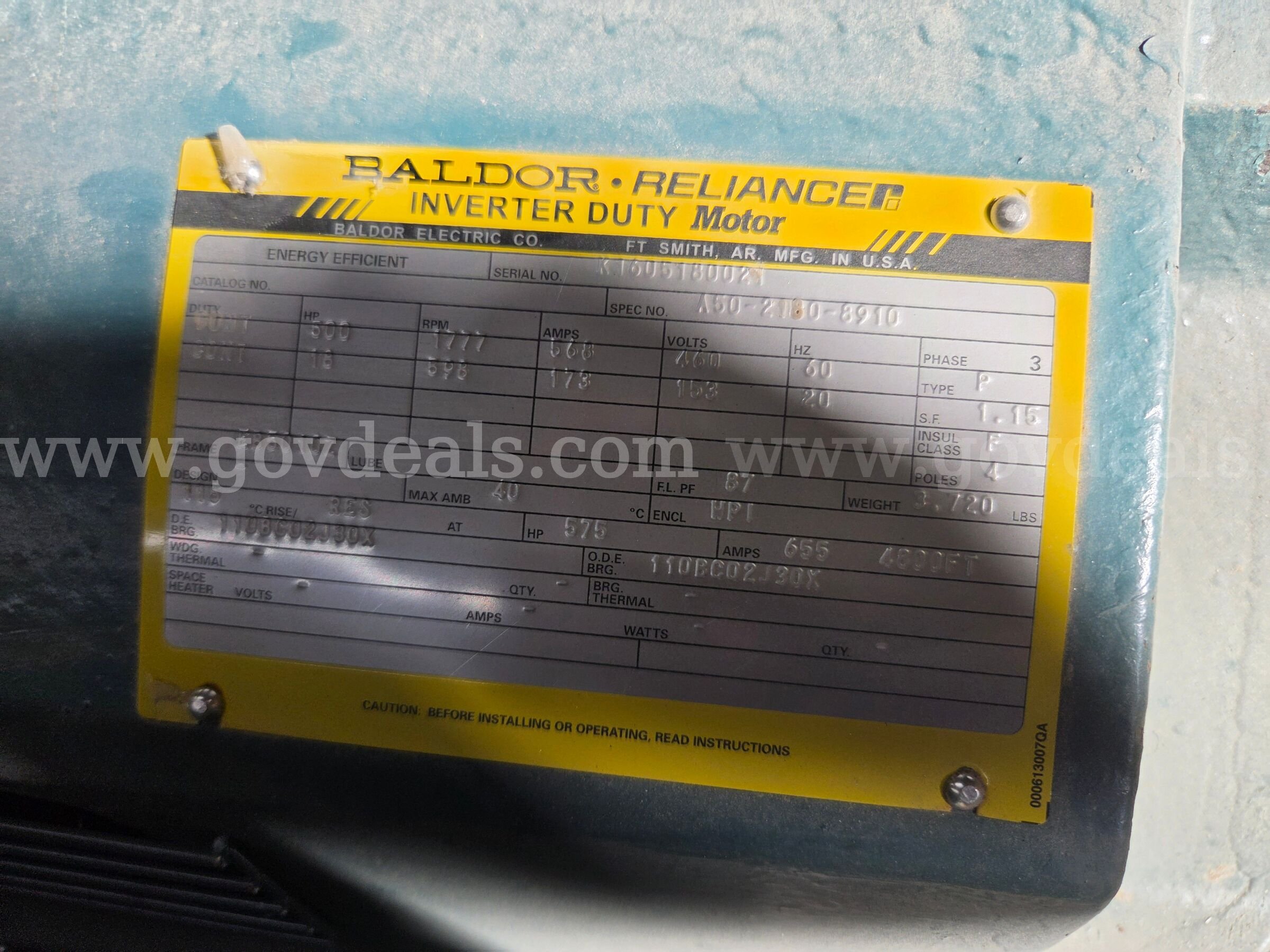 Baldor-Reliance 500 HP Inverter Duty AC Motor – 460V – 3 Phase – 1777 RPM Baldor 500 Government Surplus Auction - Photo #6