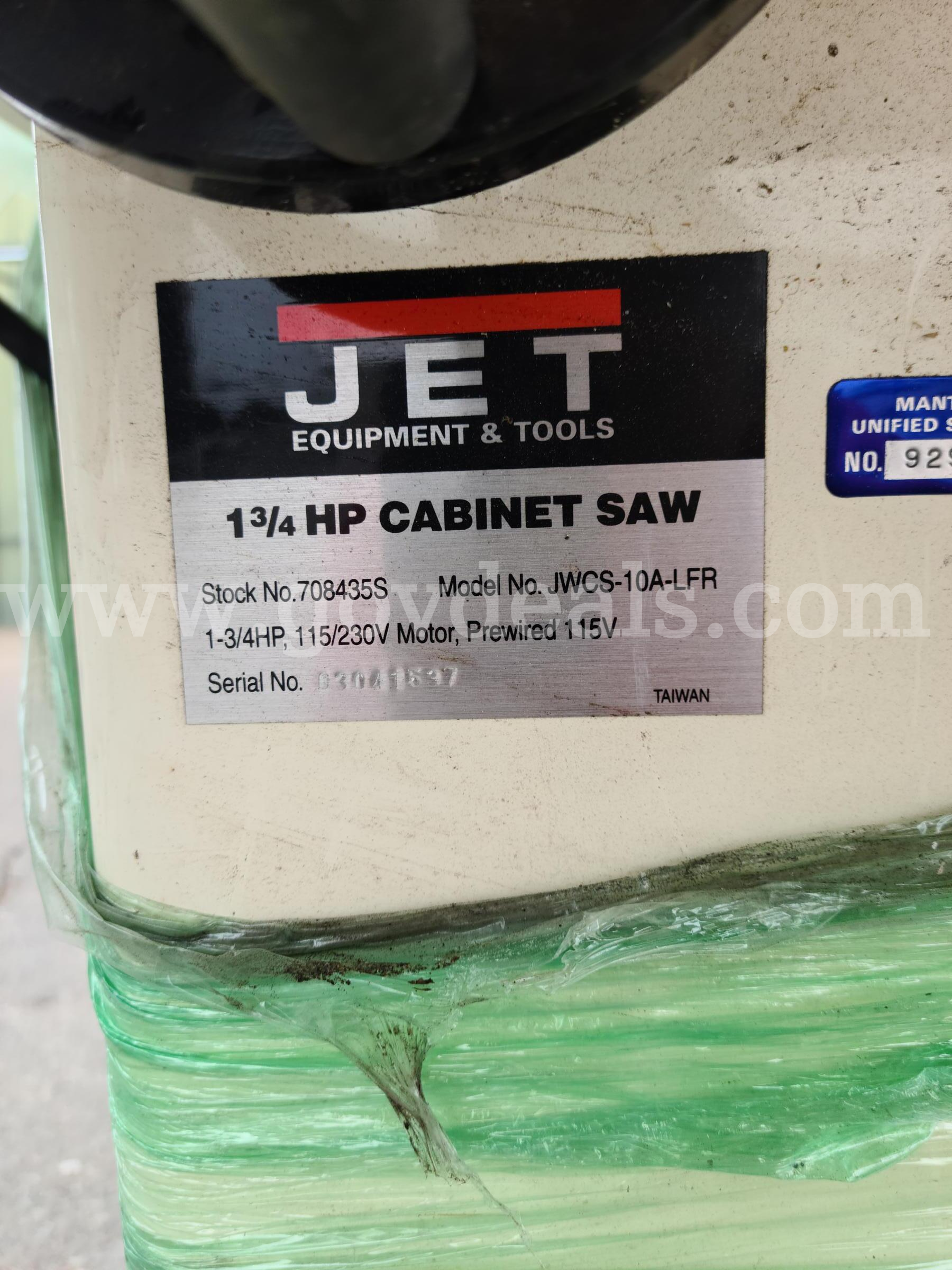 Jet 1 3/4 HP Cabinet Saw Jet JWCS-10A-LFR Government Surplus Auction - Photo #2