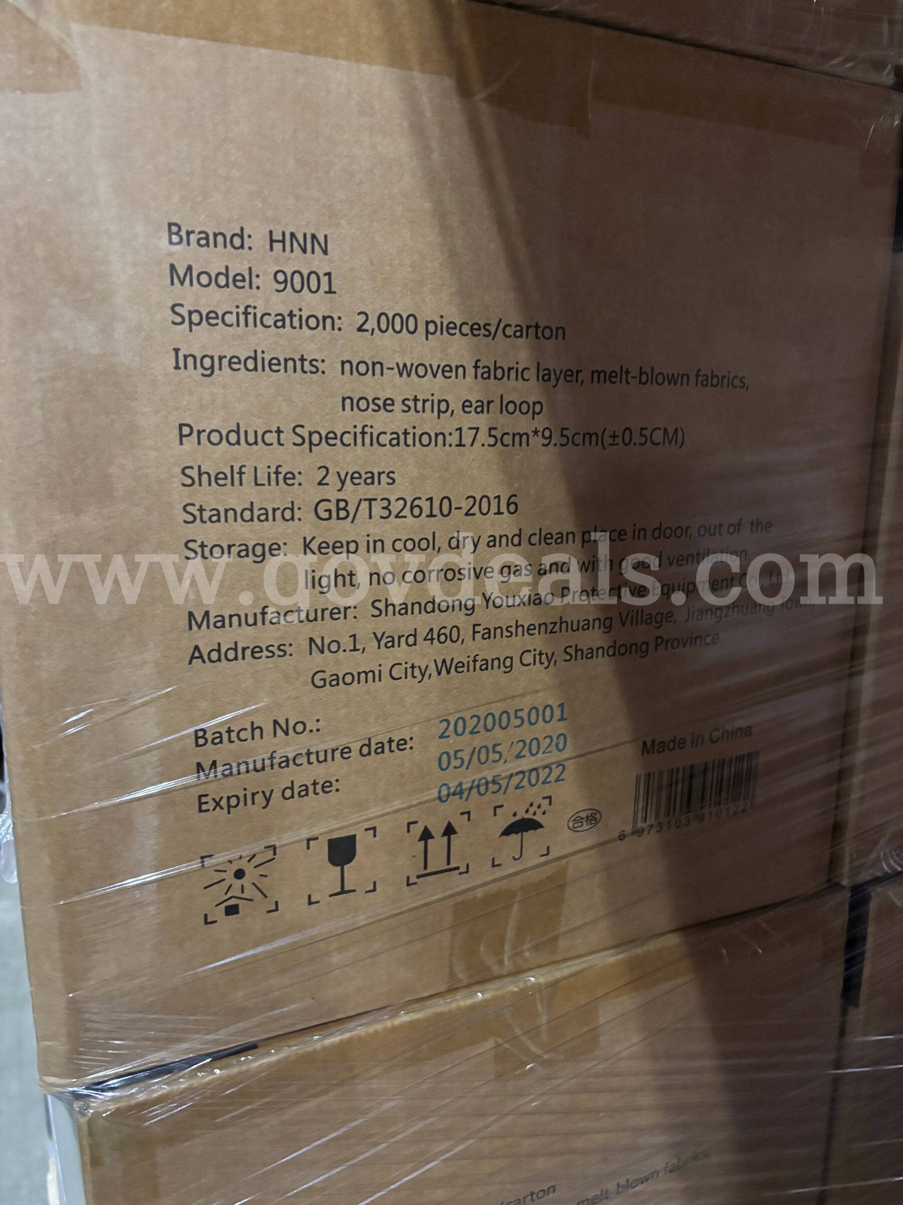 Pallet of HNN Masks | Model 9001 | Standard GB/T32610-2016  9001 Government Surplus Auction - Photo #3