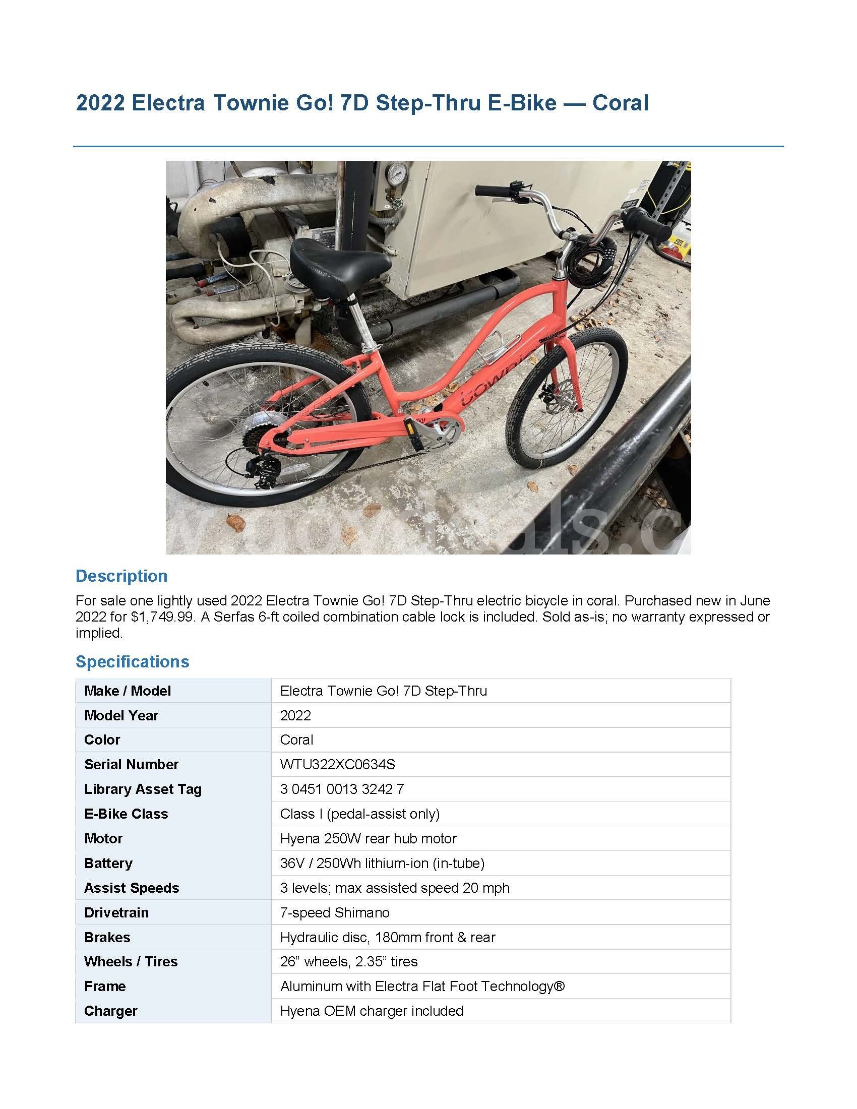 2022 Electric Bike, Electra Townie Go! 7D Step-Thru E-Bike, Coral. LIGHTLY USED! Electra Townie Go!  Government Surplus Auction - Photo #6