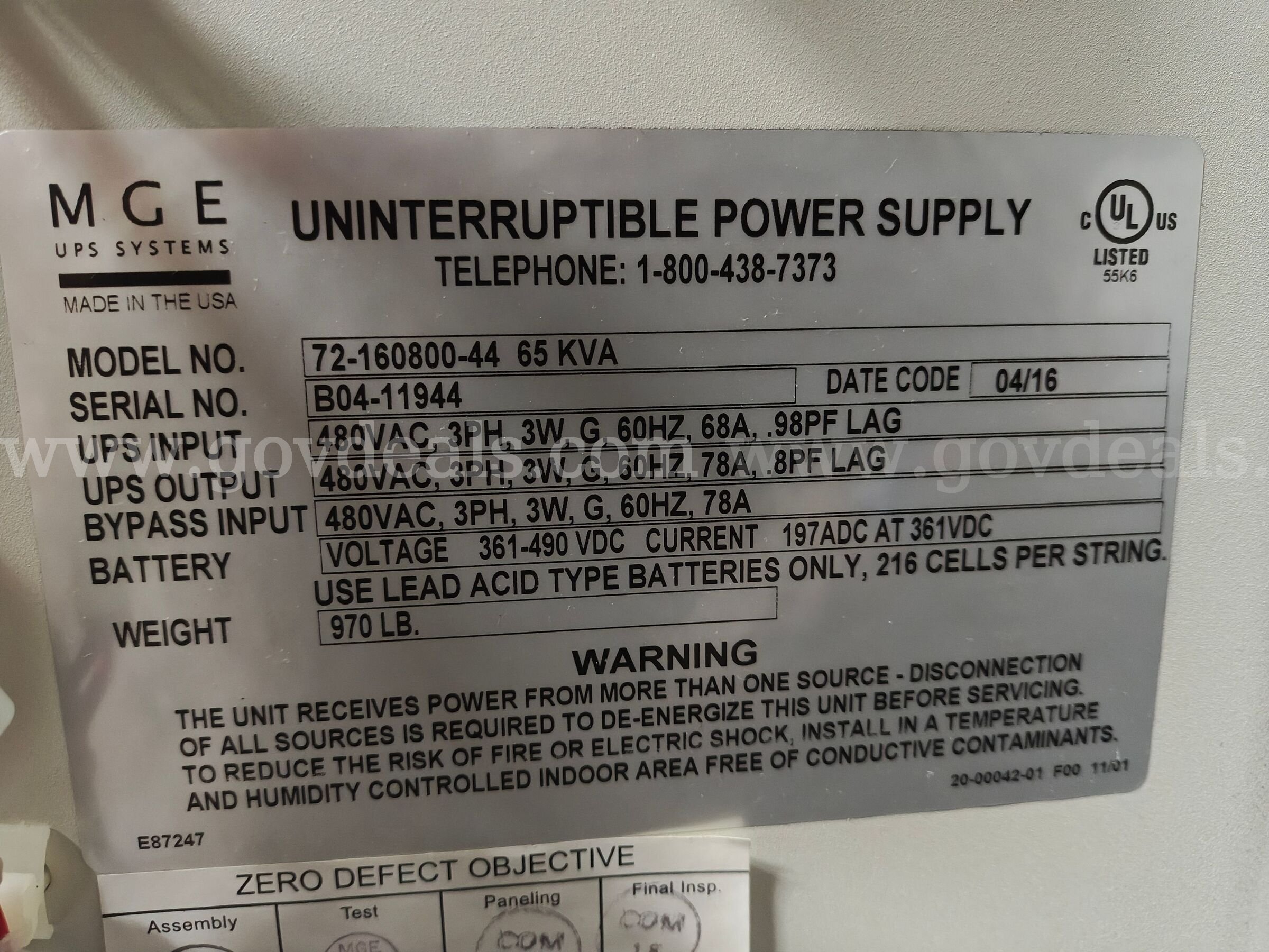 MGE Comet 65 kVA Uninterruptible Power Supply unit MGE UPS Systems Comet 72-160800-44 65 Government Surplus Auction - Photo #6