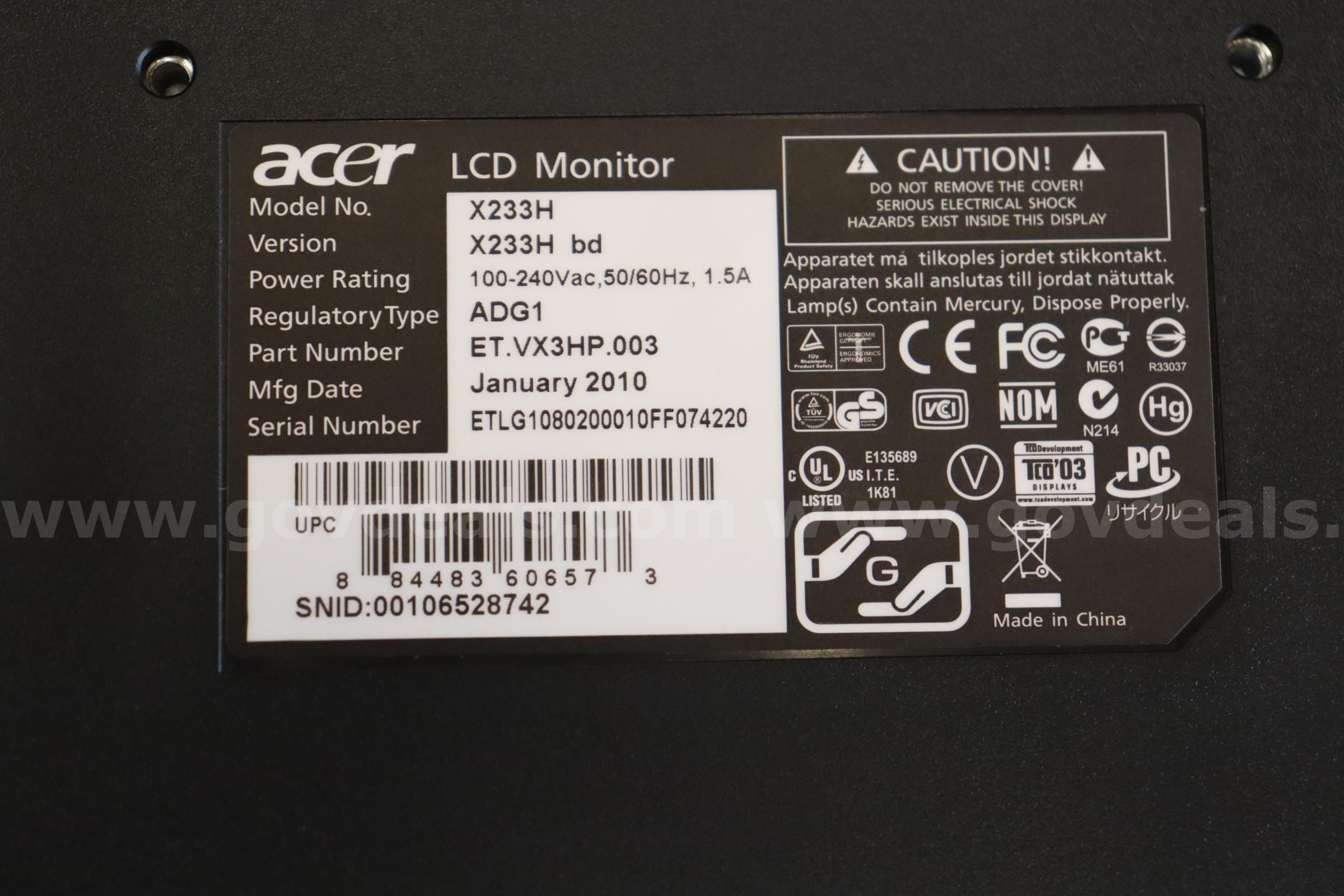 Acer LCD 23" Monitor Acer X233H Government Surplus Auction - Photo #4