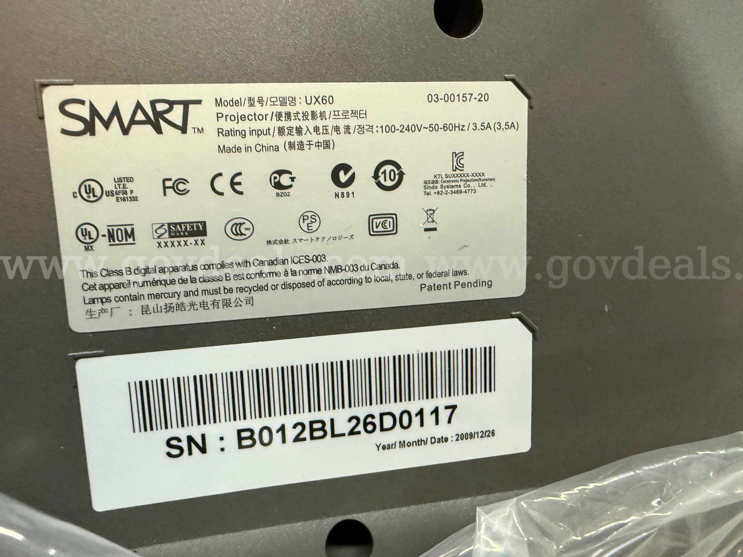 UX60 SMART Projector System SMART  Government Surplus Auction - Photo #5