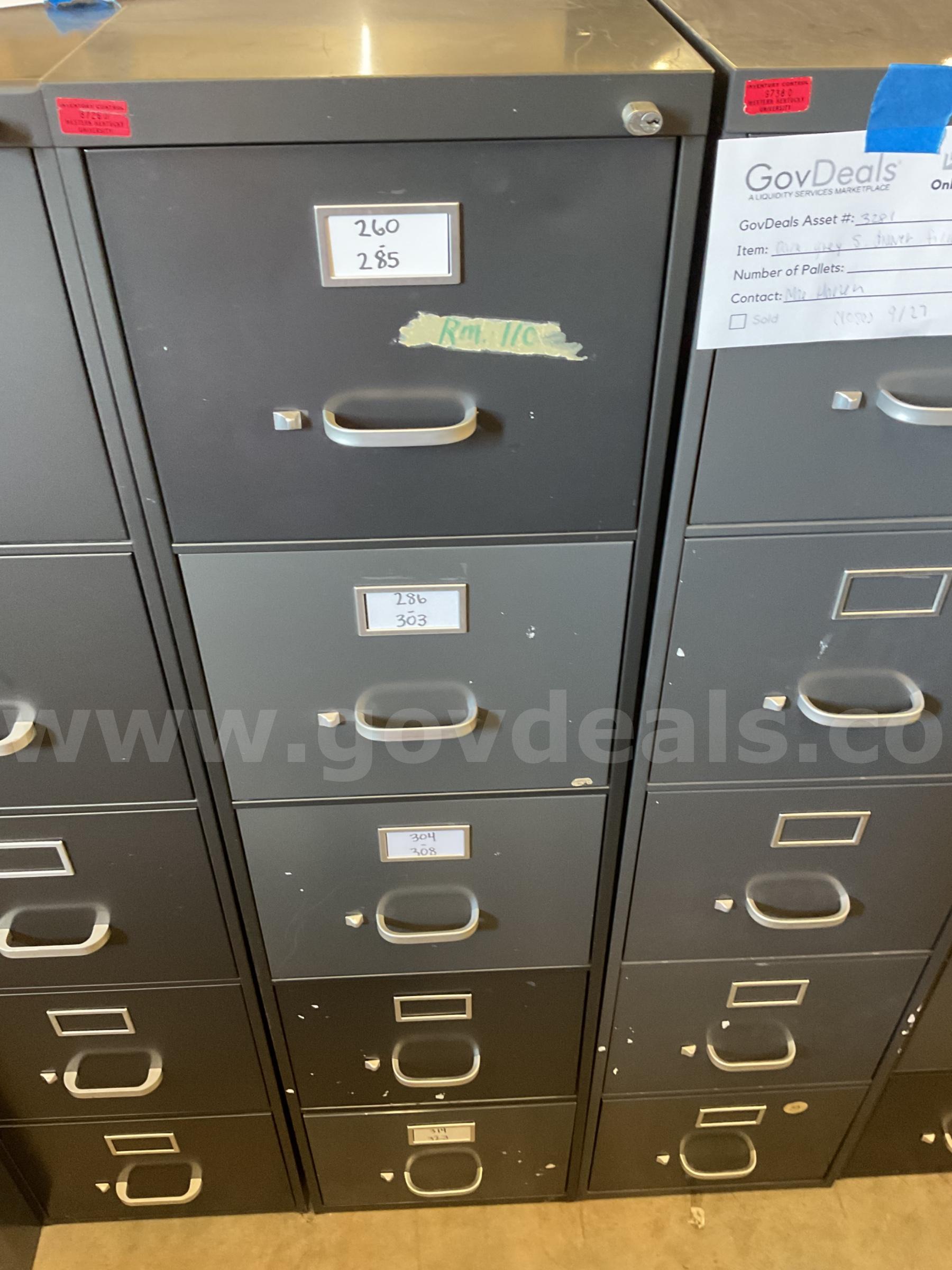 Dark grey 5 drawer filing cabinet   Government Surplus Auction - Primary Photo