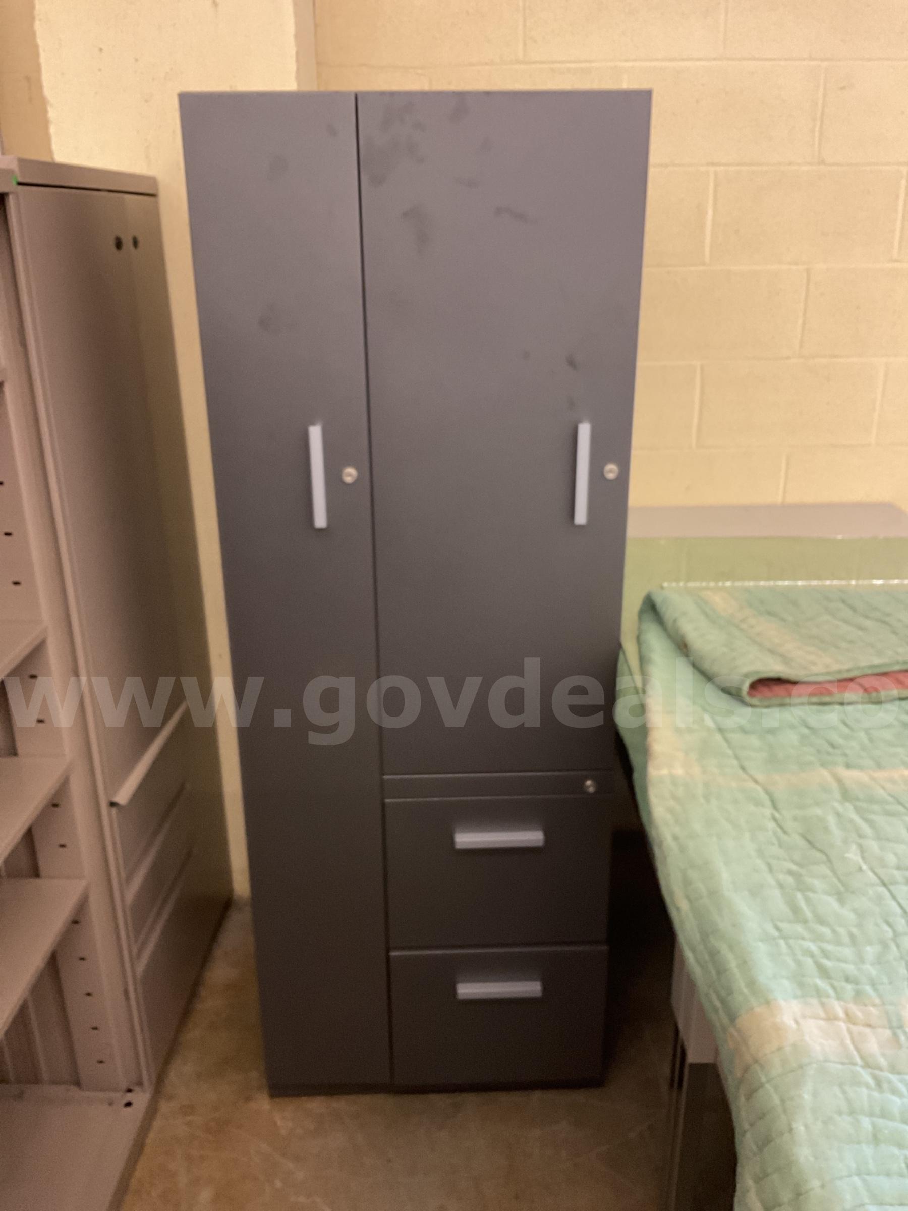 A dark grey 2 door 2 drawer cabinet   Government Surplus Auction - Primary Photo