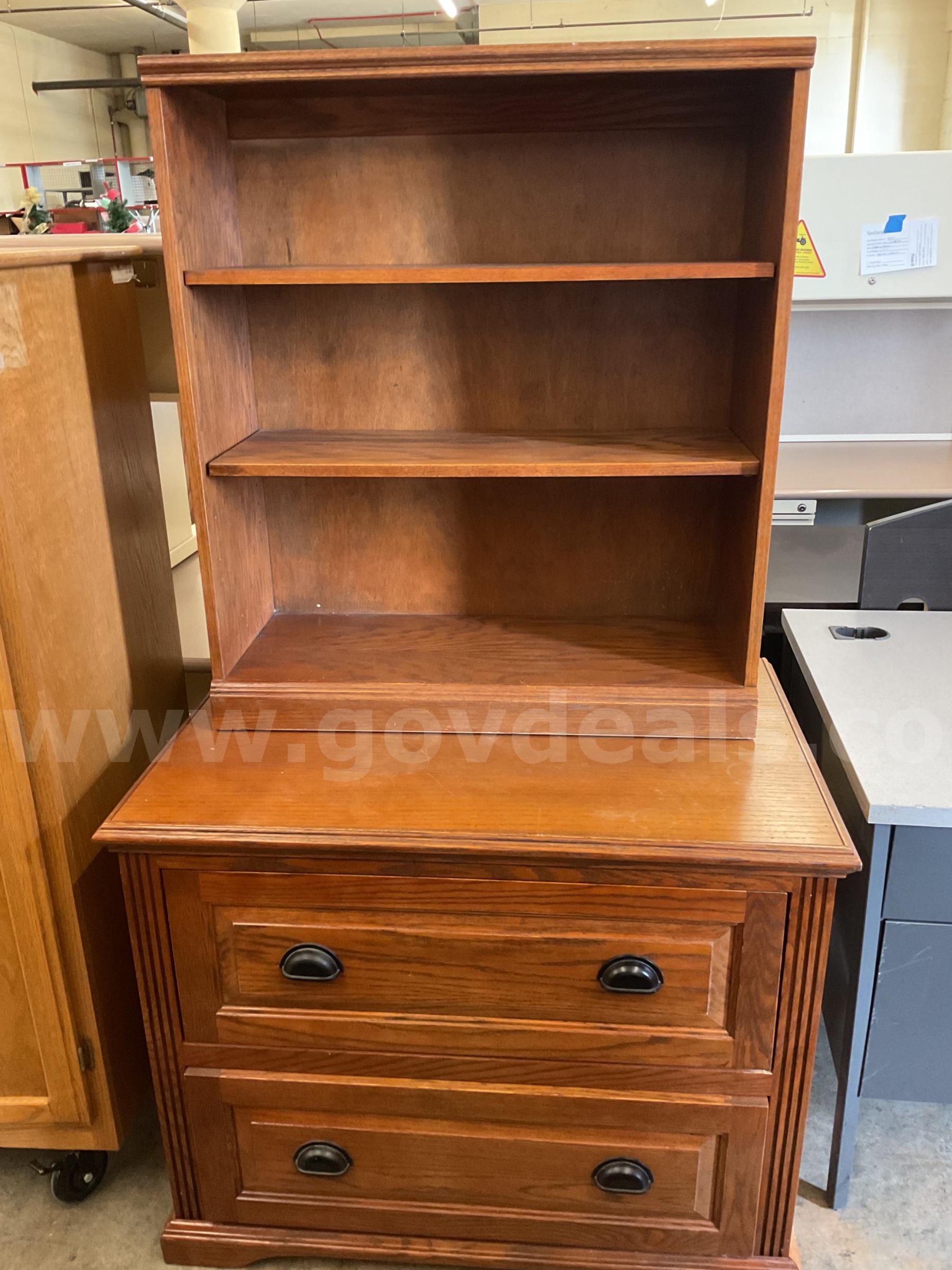 2 drawer dresser with bookshelf   Government Surplus Auction - Primary Photo