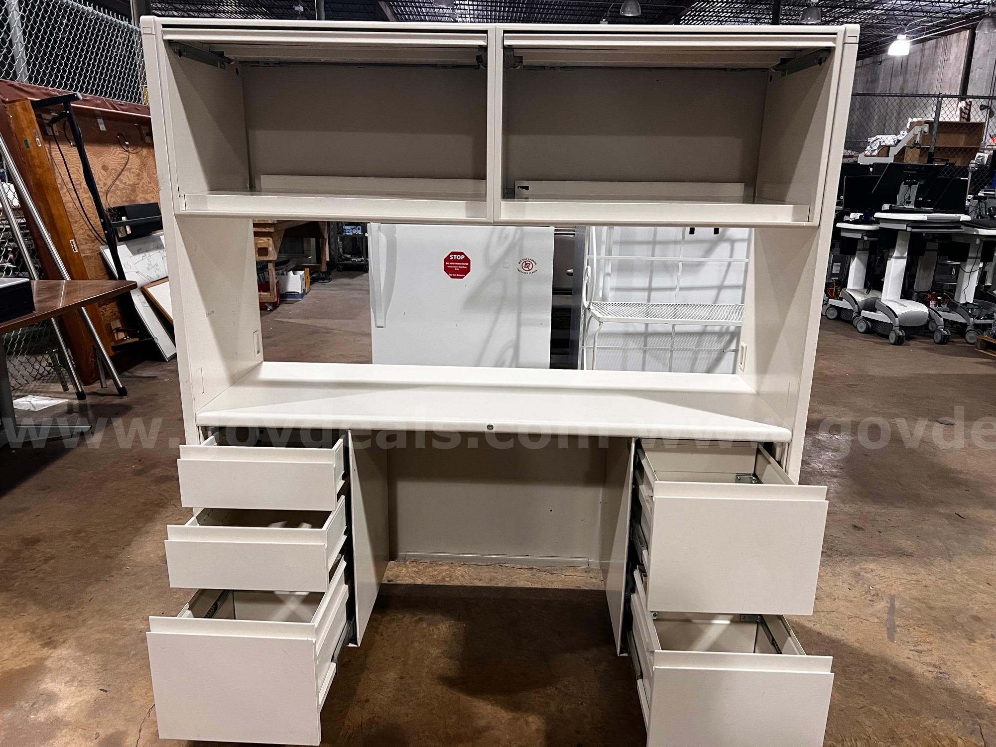 White Metal Desk with Overhead Cabinets   Government Surplus Auction - Primary Photo