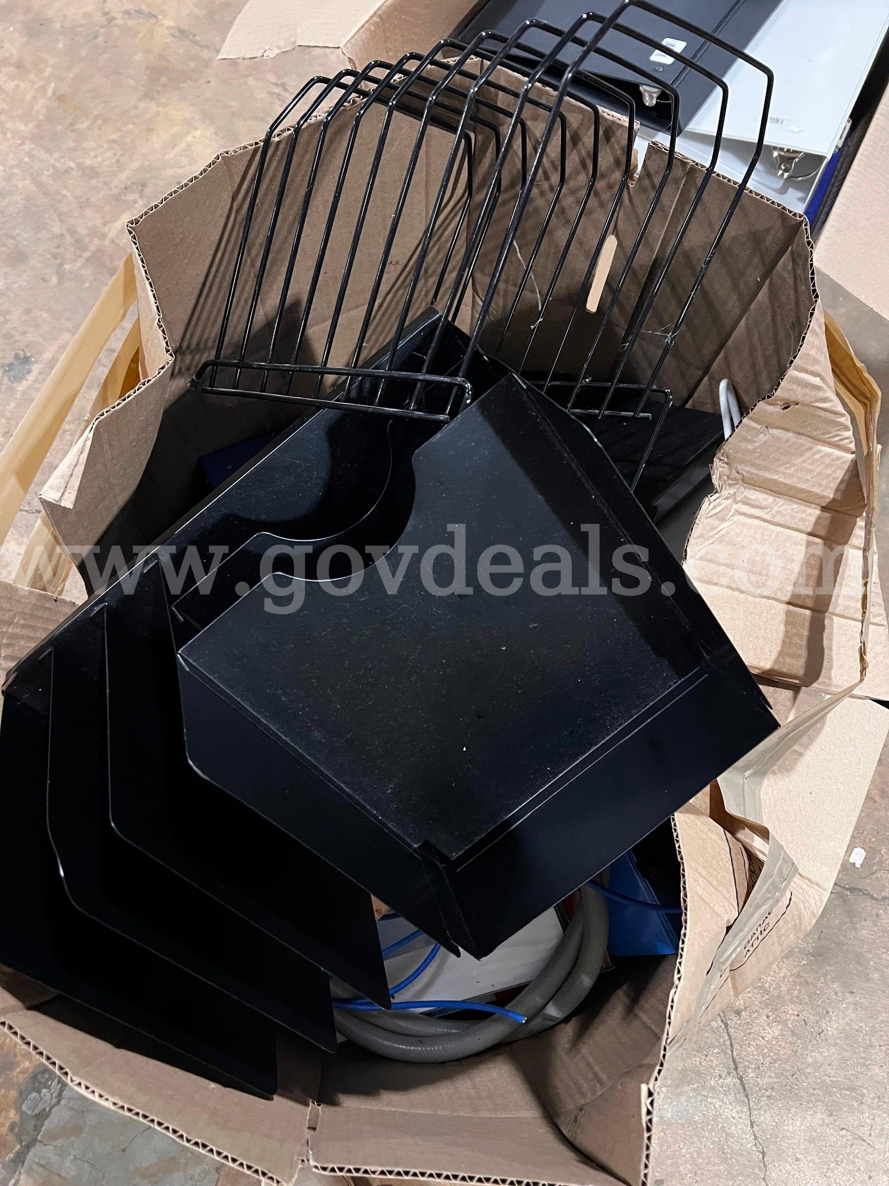 Lot of 2 boxes of office supplies (3-ring Binders and folder stands)